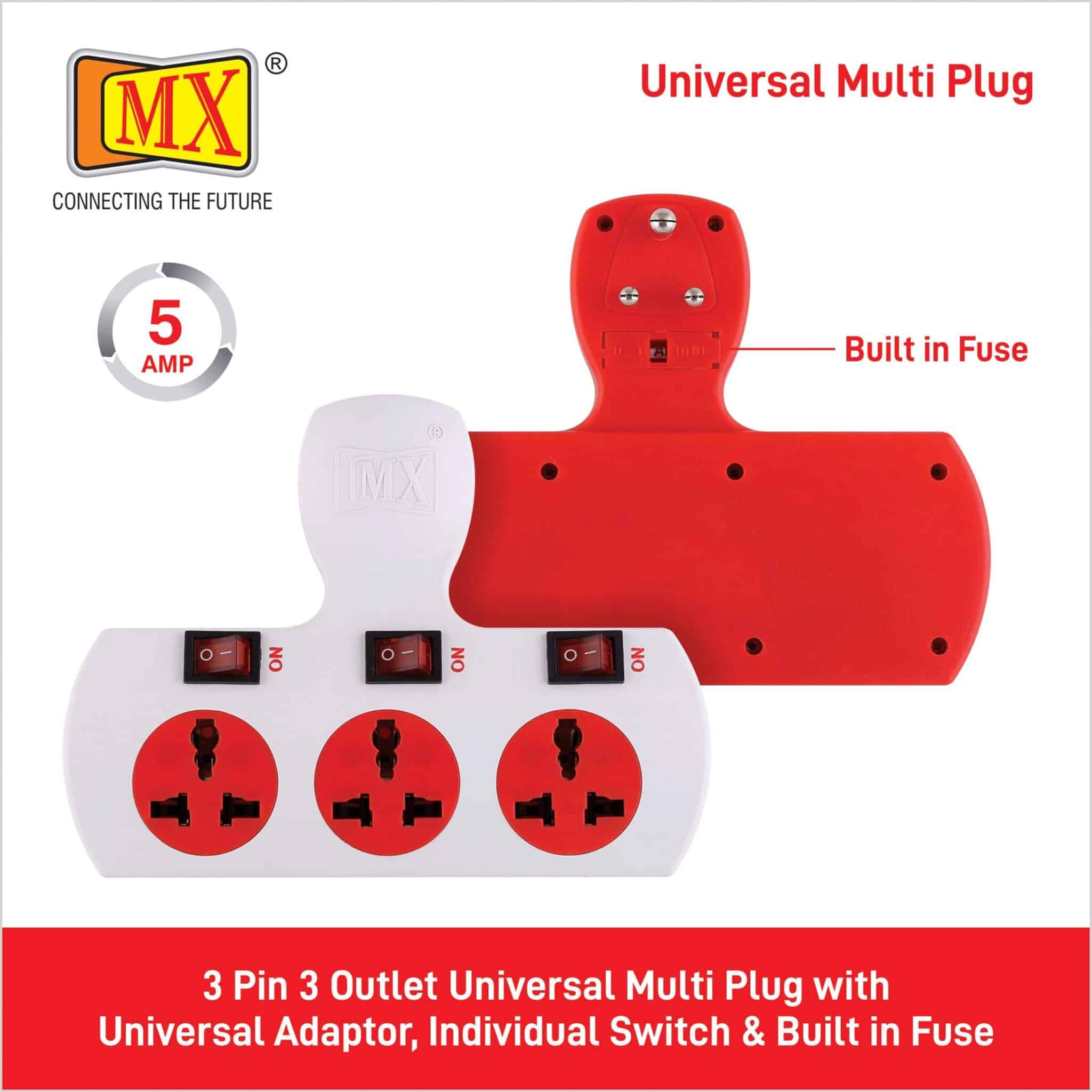 MX 3 PIN 3 WAY UNIVERSAL ADAPTOR 5 AMP. WITH INDIVIDUAL SWITCH, WITH FUSE - Image 5