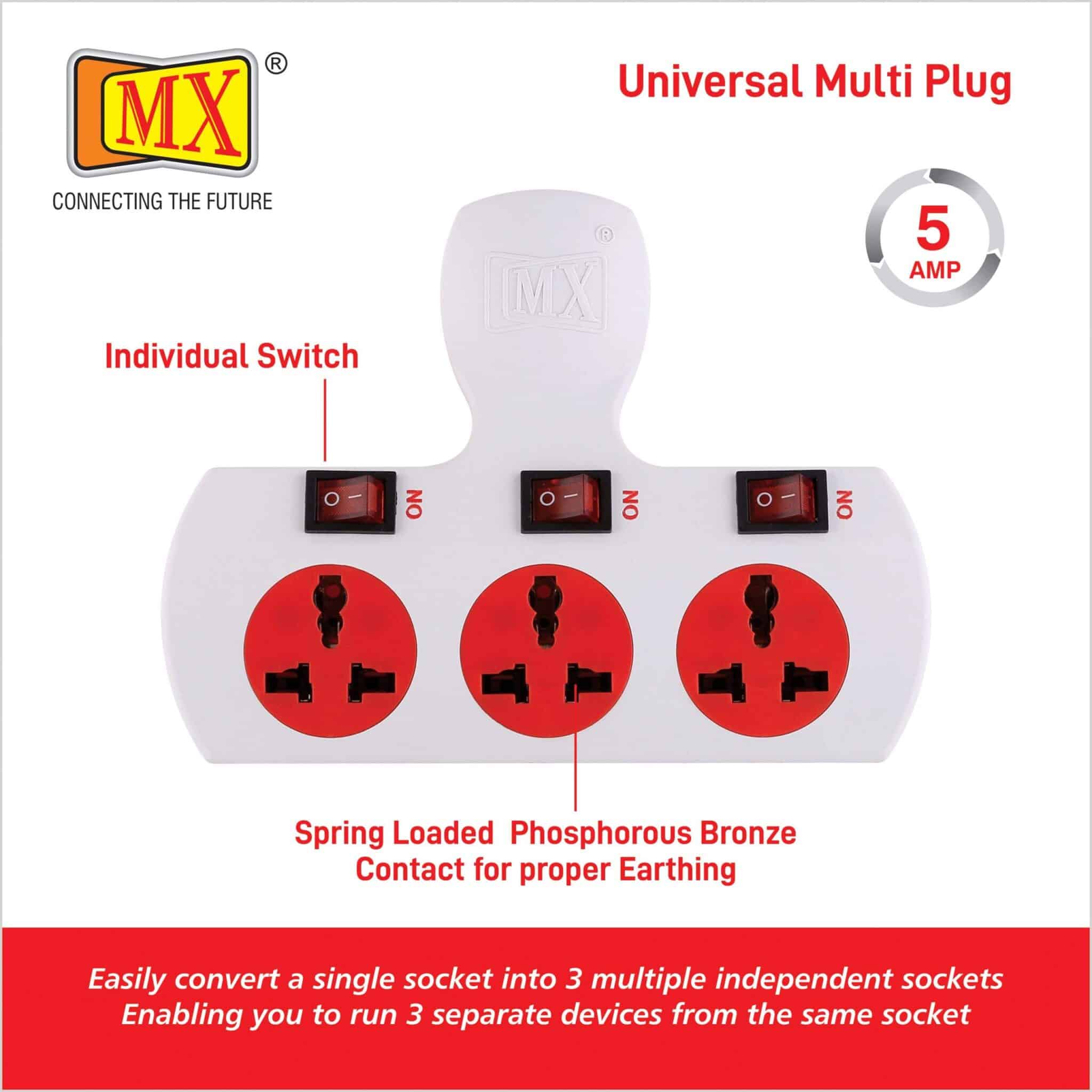 MX 3 PIN 3 WAY UNIVERSAL ADAPTOR 5 AMP. WITH INDIVIDUAL SWITCH, WITH FUSE - Image 2