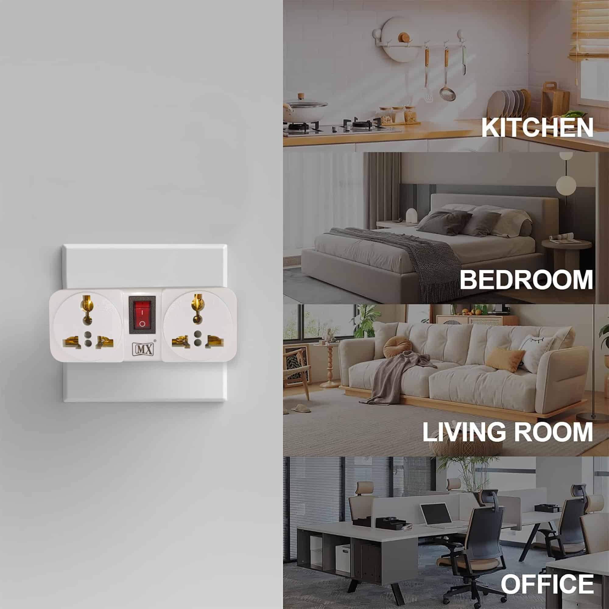 MX (3 Pin-2 Socket) Universal Socket Cordless Wall Extension Board, On/Off Switch with Child Safety Shutter