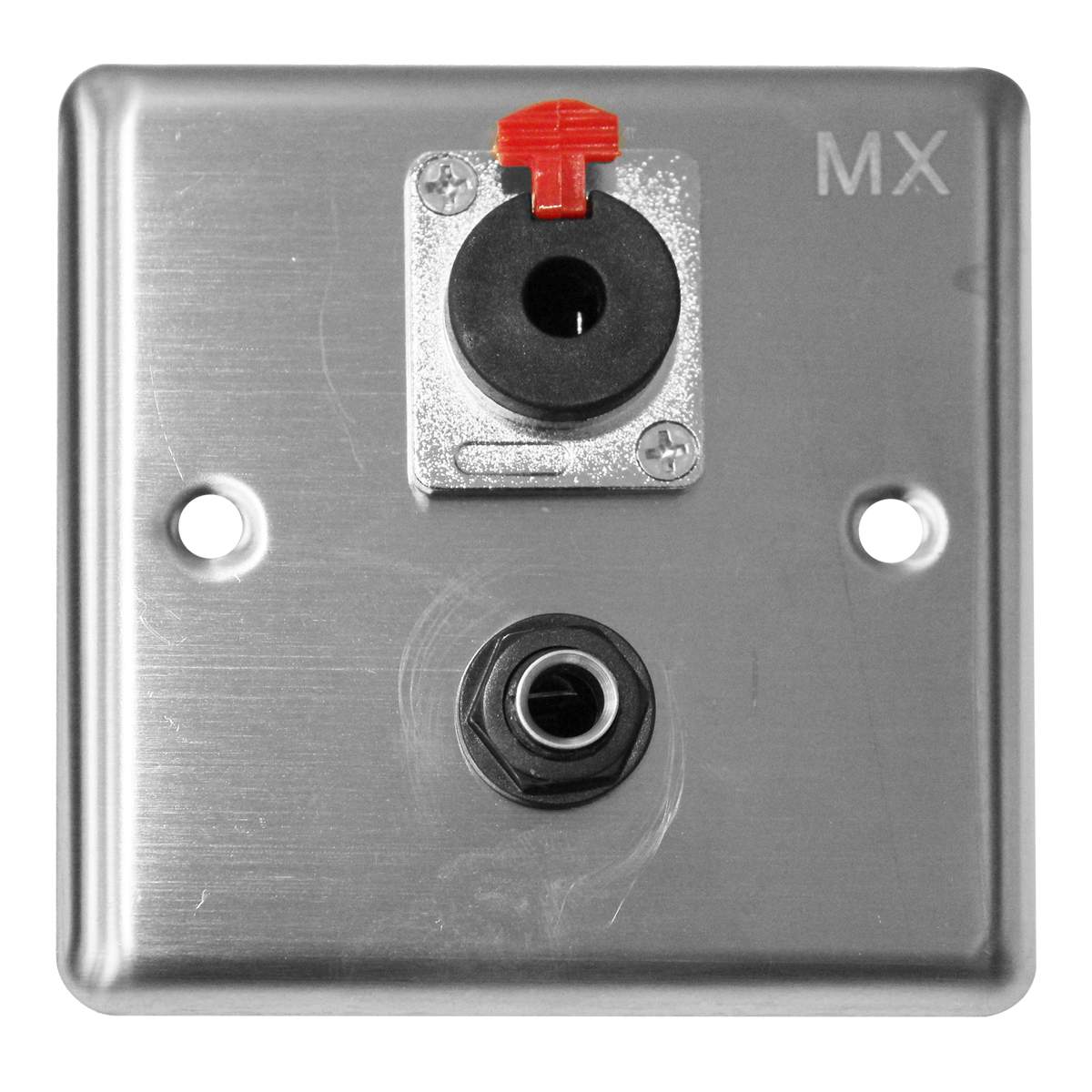 MX Stainless Steel wall plate : 1 Way Mono Socket locking type + 1 Stereo Socket : 86mm X 86mm