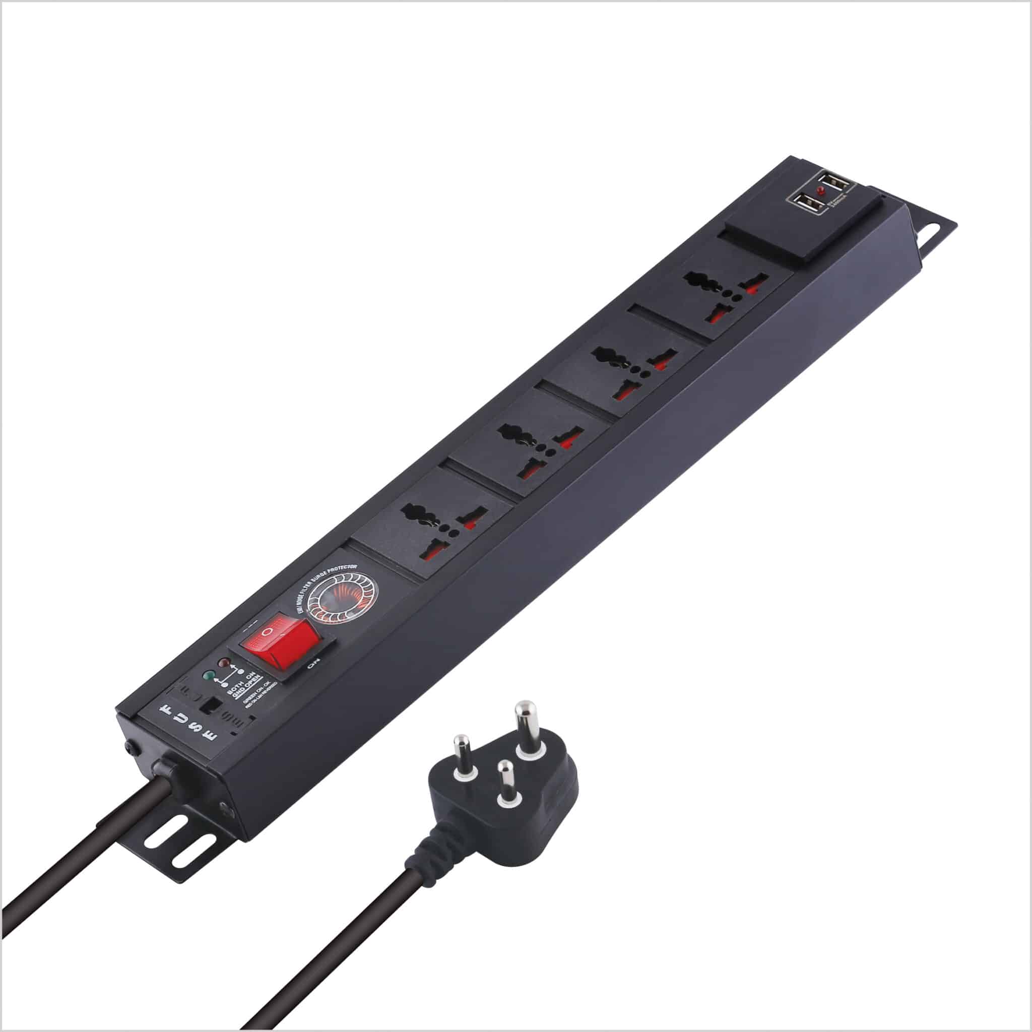 MX Power Distribution Unit with 4 Universal Sockets and 2 USB Charger Ports (2.1A), featuring a Surge Protector - 6 Amperes, Child Safety Shutter, Switch, and Spike Suppressor MOV. It includes a 1.5m Cable.