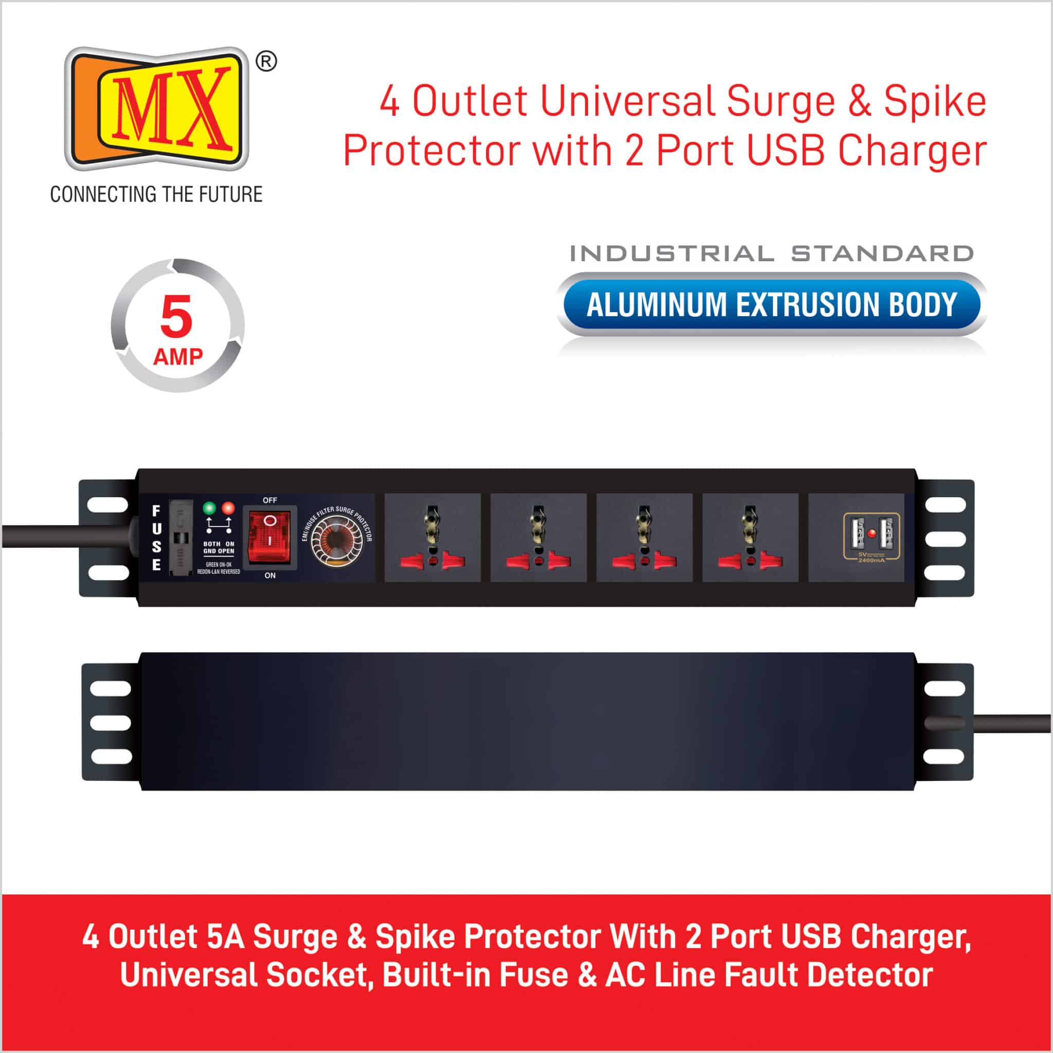 MX Power Distribution Unit with 4 Universal Sockets and 2 USB Charger Ports (2.1A), featuring a Surge Protector - 6 Amperes, Child Safety Shutter, Switch, and Spike Suppressor MOV. It includes a 1.5m Cable for home appliances like electric cooktop & Stove - Image 4