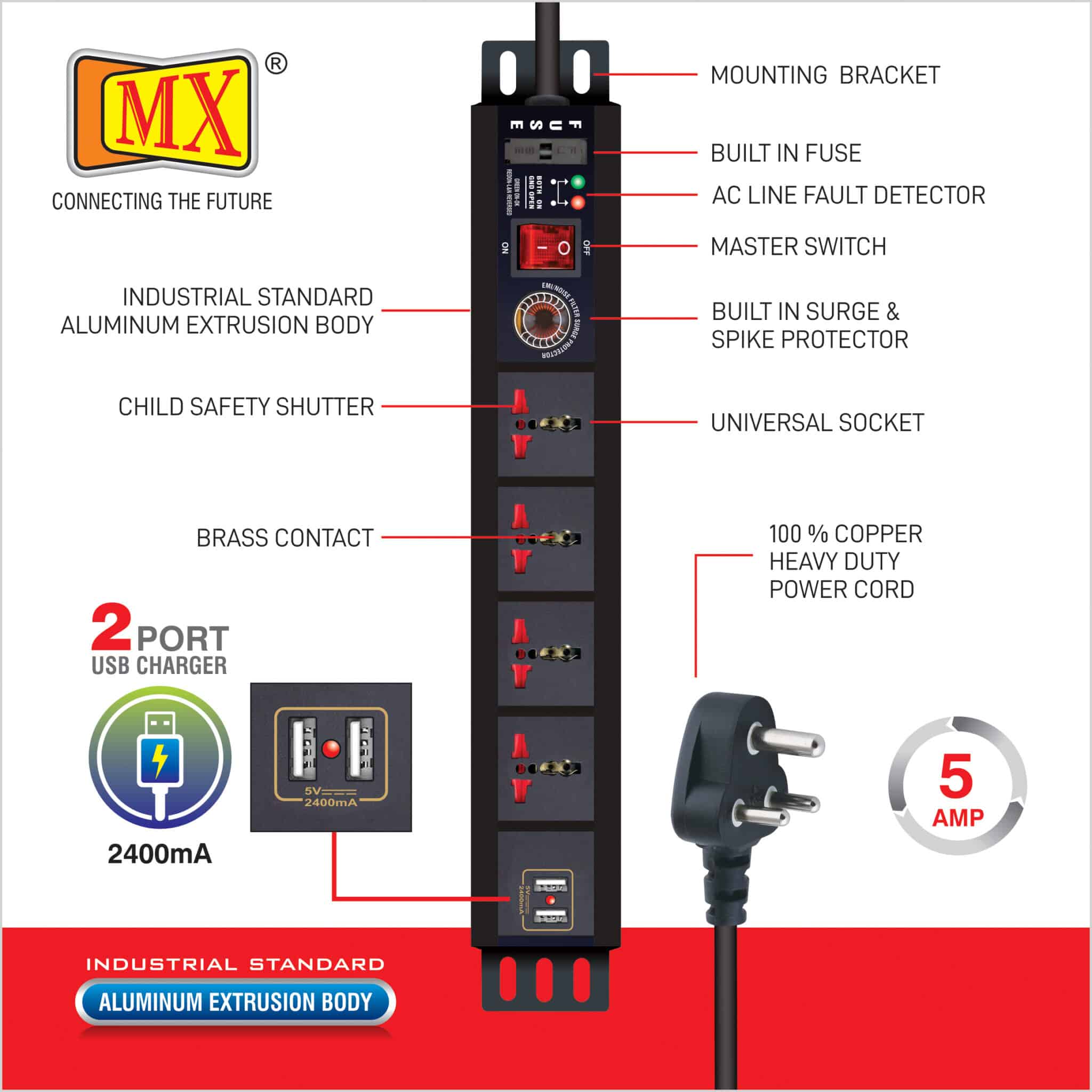 MX Power Distribution Unit with 4 Universal Sockets and 2 USB Charger Ports (2.1A), featuring a Surge Protector - 6 Amperes, Child Safety Shutter, Switch, and Spike Suppressor MOV. It includes a 1.5m Cable for home appliances like electric cooktop & Stove - Image 2