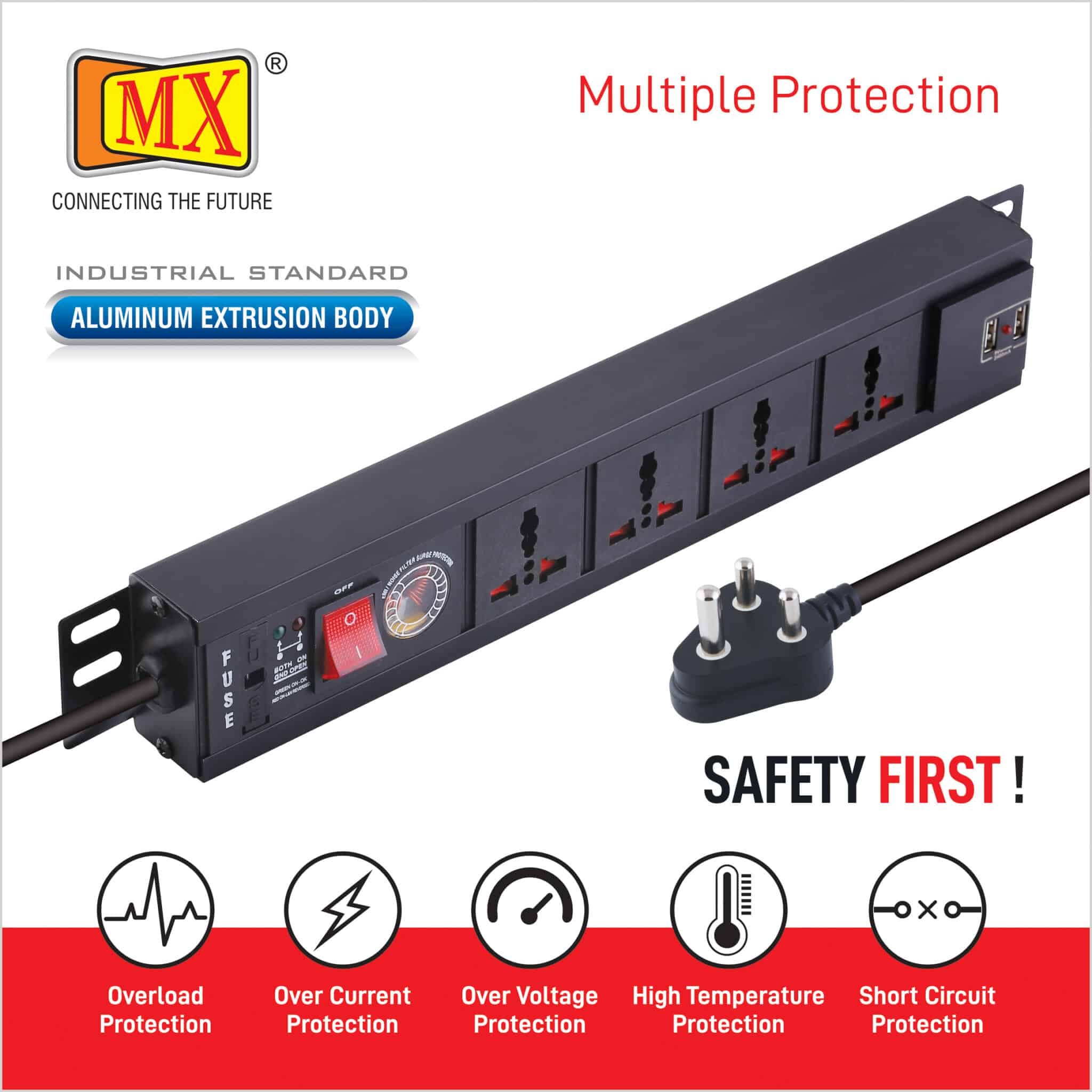 MX Power Distribution Unit with 4 Universal Sockets and 2 USB Charger Ports (2.1A), featuring a Surge Protector - 6 Amperes, Child Safety Shutter, Switch, and Spike Suppressor MOV. It includes a 1.5m Cable for home appliances like electric cooktop & Stove - Image 5