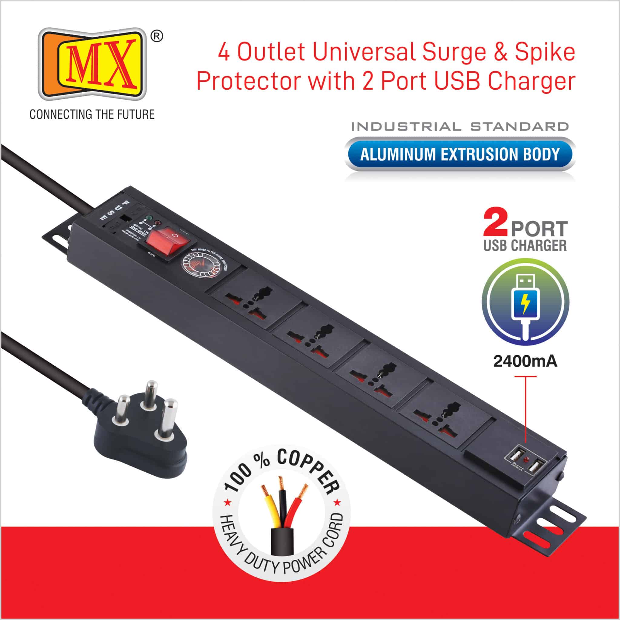 MX Power Distribution Unit with 4 Universal Sockets and 2 USB Charger Ports (2.1A), featuring a Surge Protector - 6 Amperes, Child Safety Shutter, Switch, and Spike Suppressor MOV. It includes a 1.5m Cable for home appliances like electric cooktop & Stove - Image 3