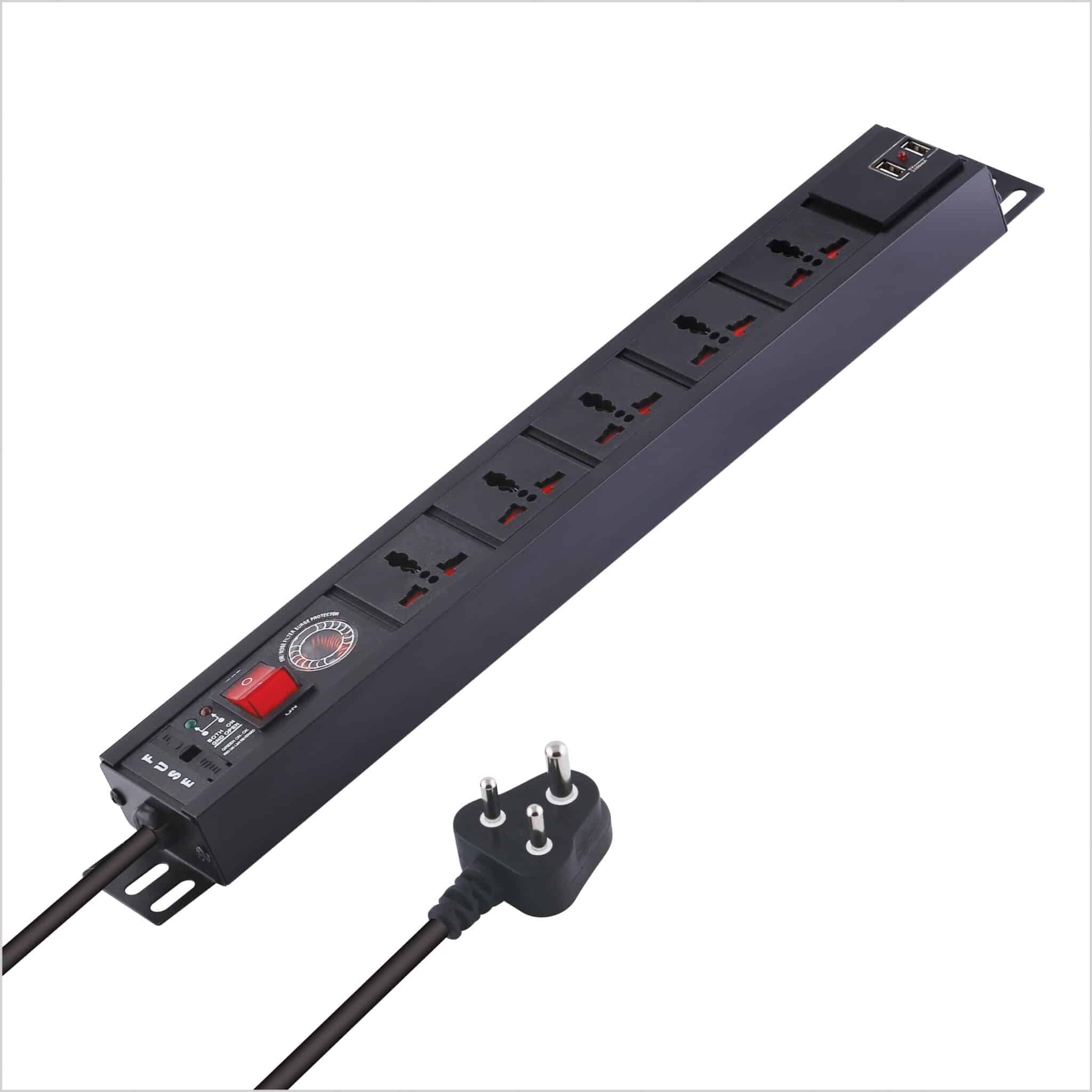 MX 5-Outlet Power Distribution Unit with Universal Sockets and 2-Port USB Charger (2.1A), featuring a Surge Protector rated at 6 Amperes. It includes a child safety shutter, a switch, and a Spike Suppressor MOV, all equipped with a 1.5-meter cable.
