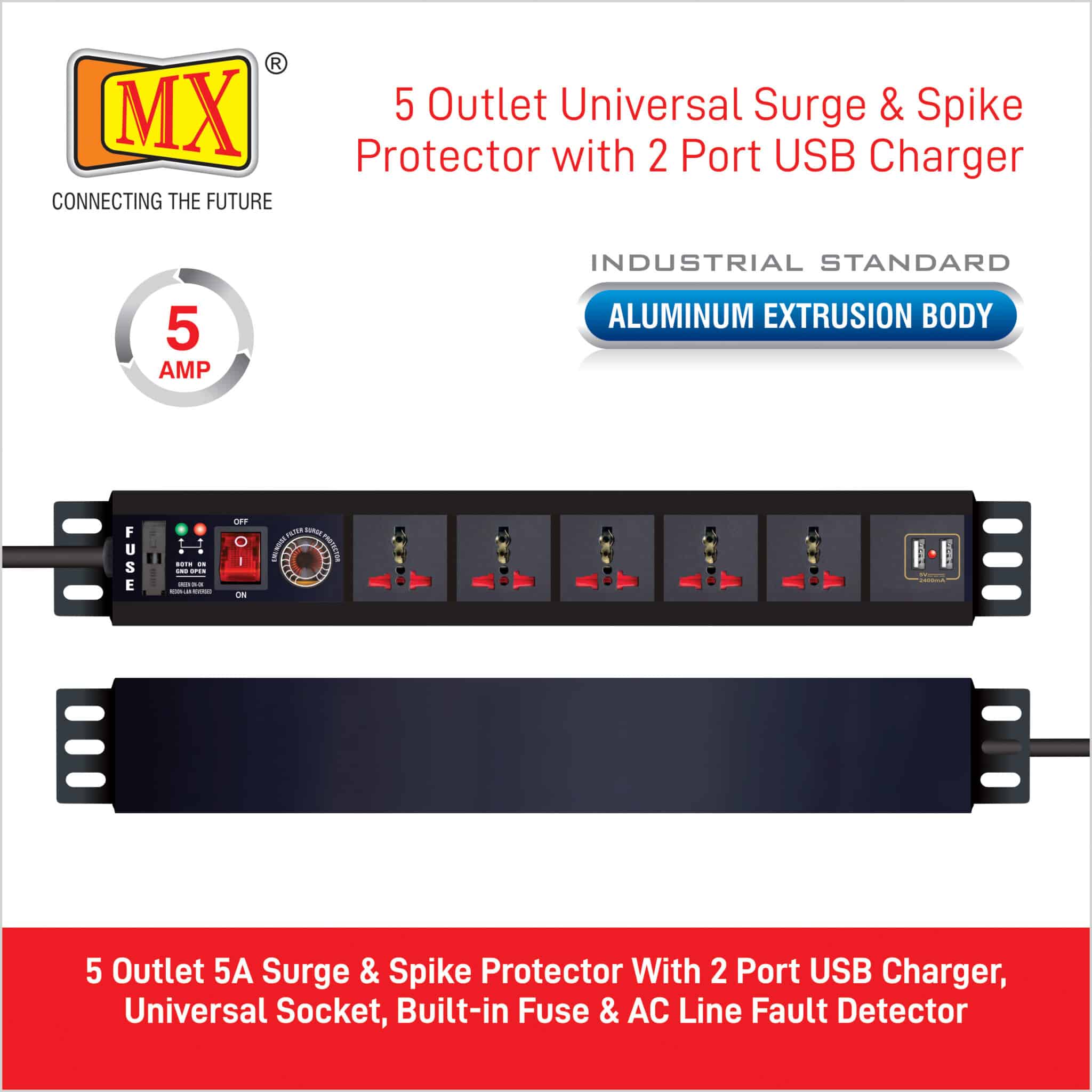 MX 5-Outlet Power Distribution Unit with Universal Sockets and 2-Port USB Charger (2.1A), featuring a Surge Protector rated at 6 Amperes. It includes a child safety shutter, a switch, and a Spike Suppressor MOV, all equipped with a 1.5-meter cable for home appliances like electric cooktop & Stove - Image 5
