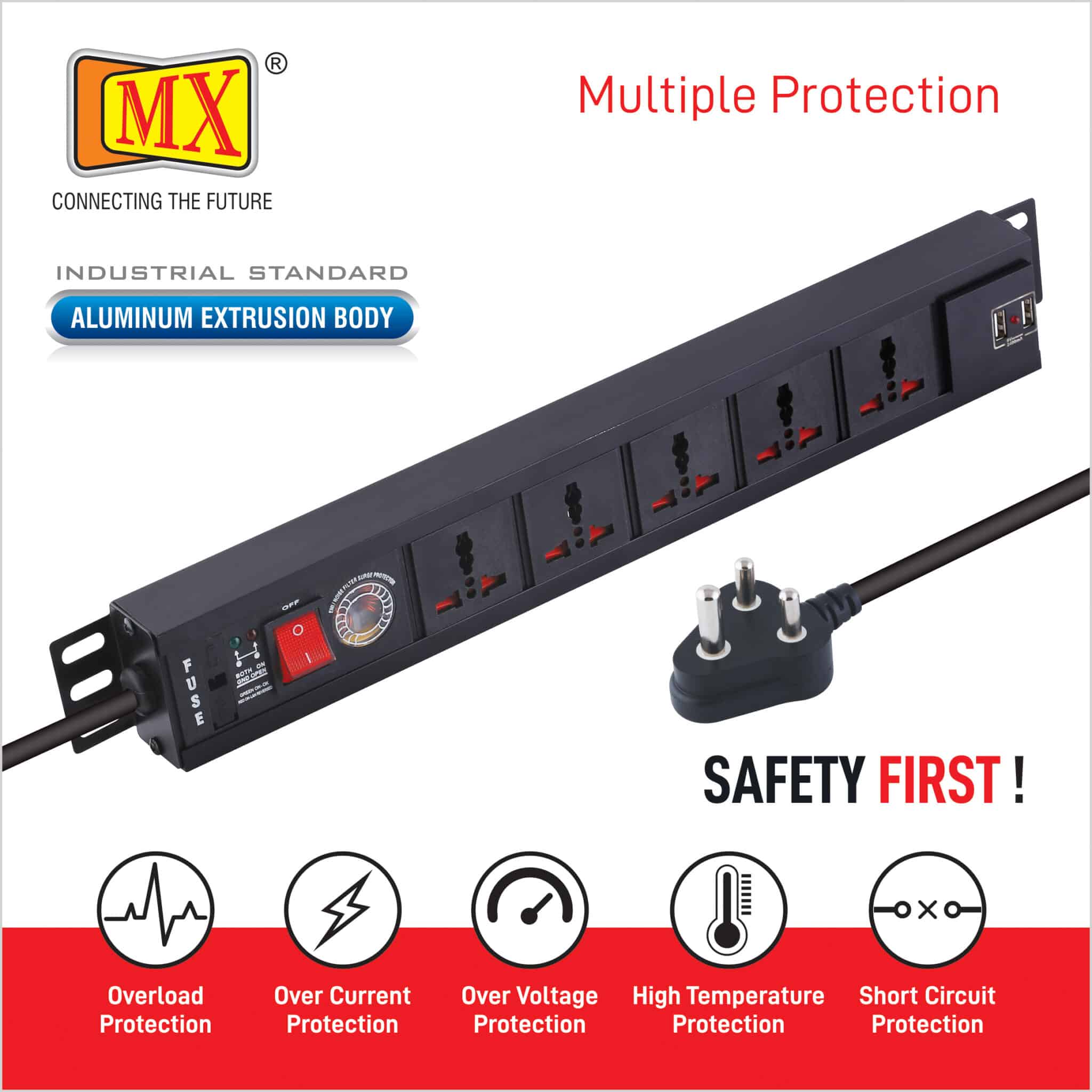 MX 5-Outlet Power Distribution Unit with Universal Sockets and 2-Port USB Charger (2.1A), featuring a Surge Protector rated at 6 Amperes. It includes a child safety shutter, a switch, and a Spike Suppressor MOV, all equipped with a 1.5-meter cable for home appliances like electric cooktop & Stove - Image 4