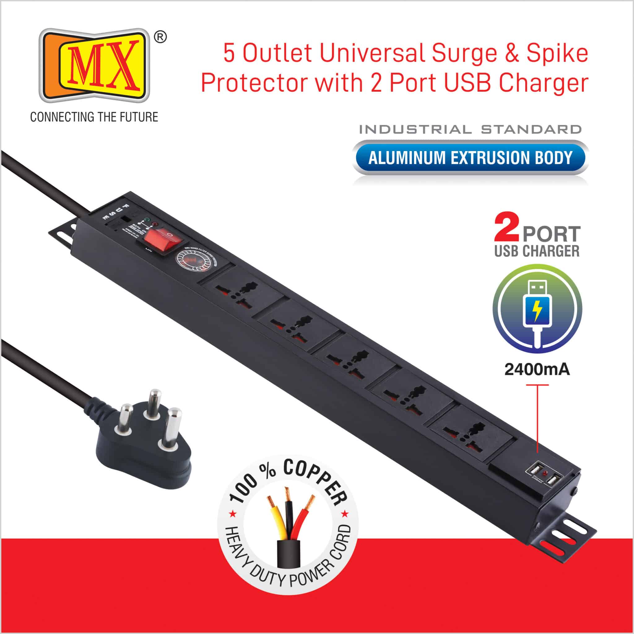 MX 5-Outlet Power Distribution Unit with Universal Sockets and 2-Port USB Charger (2.1A), featuring a Surge Protector rated at 6 Amperes. It includes a child safety shutter, a switch, and a Spike Suppressor MOV, all equipped with a 1.5-meter cable for home appliances like electric cooktop & Stove - Image 3