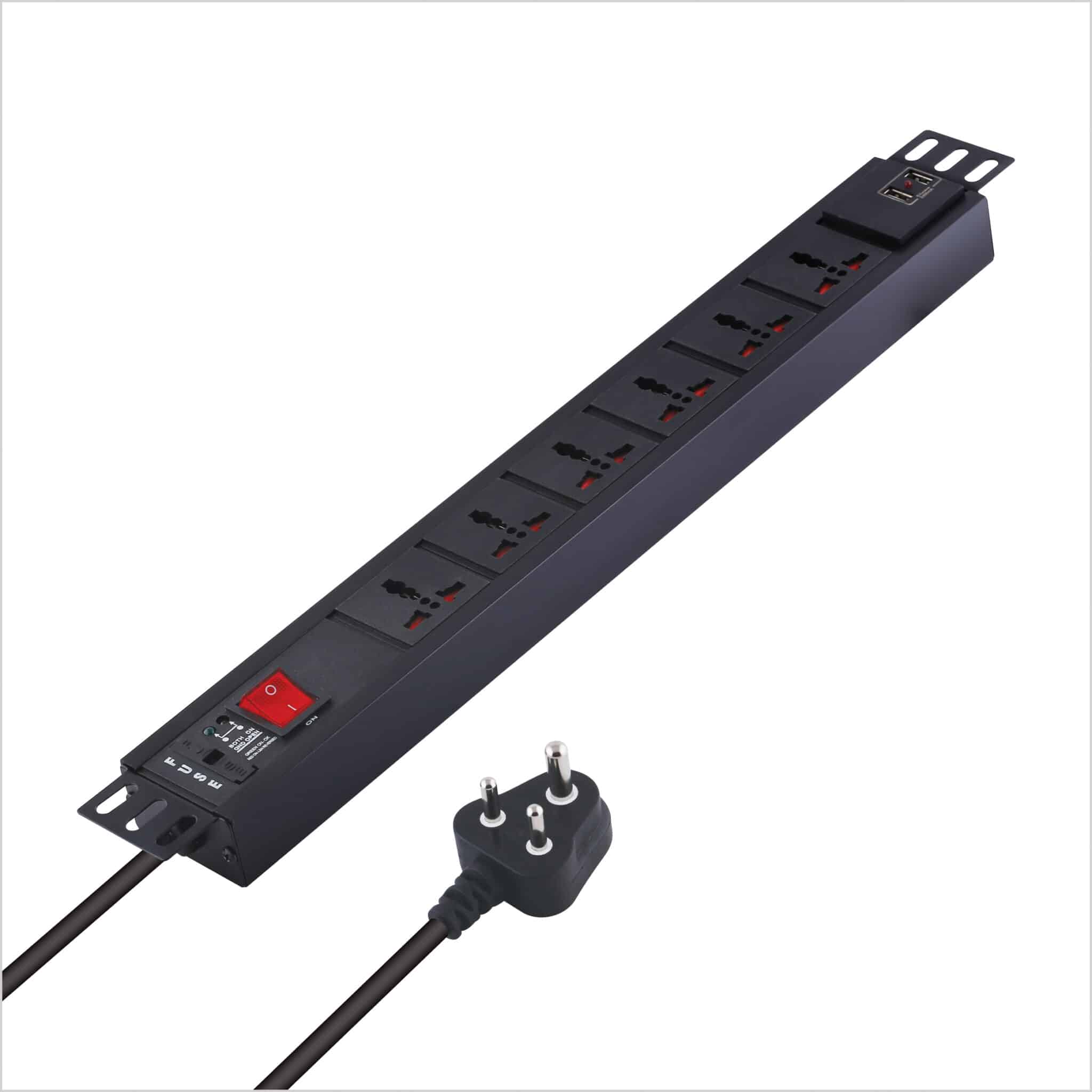 MX 6-Outlet Power Distribution Unit with Universal Socket, 2 USB Ports (2.1A), Master Switch, and Child Safety. Wall or desk mountable with a 1.5m heavy-duty power cord.