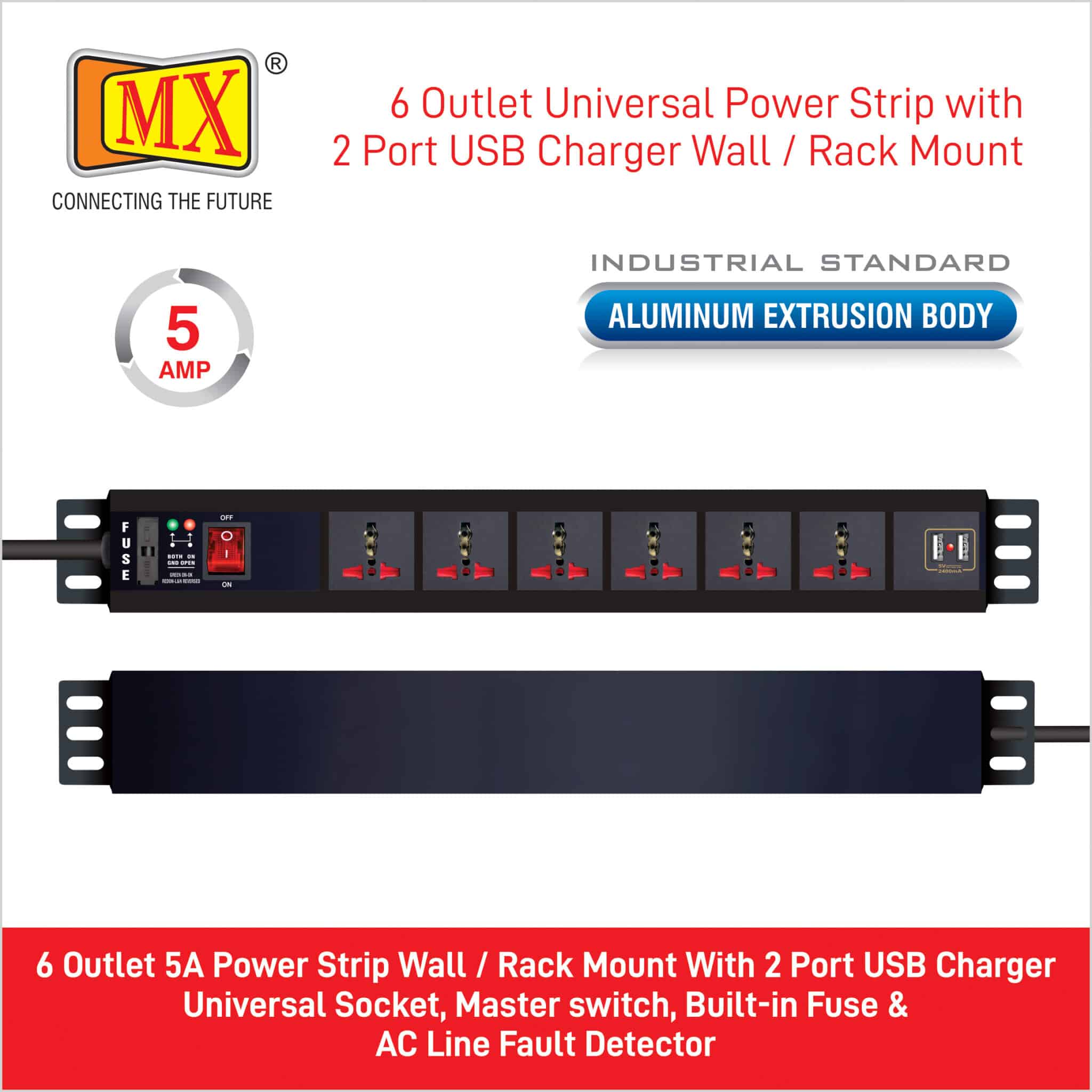 MX 6-Outlet Power Distribution Unit with Universal Socket, 2 USB Ports (2.1A), Master Switch, and Child Safety. Wall or desk mountable with a 1.5m heavy-duty power cord for home appliances like electric cooktop & Stove - Image 3