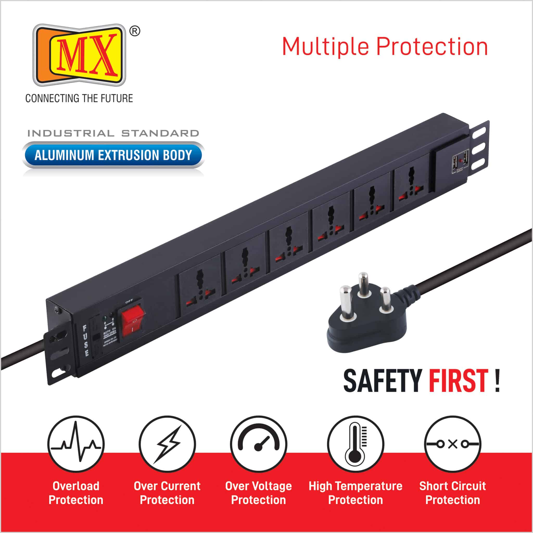 MX 6-Outlet Power Distribution Unit with Universal Socket, 2 USB Ports (2.1A), Master Switch, and Child Safety. Wall or desk mountable with a 1.5m heavy-duty power cord for home appliances like electric cooktop & Stove - Image 5