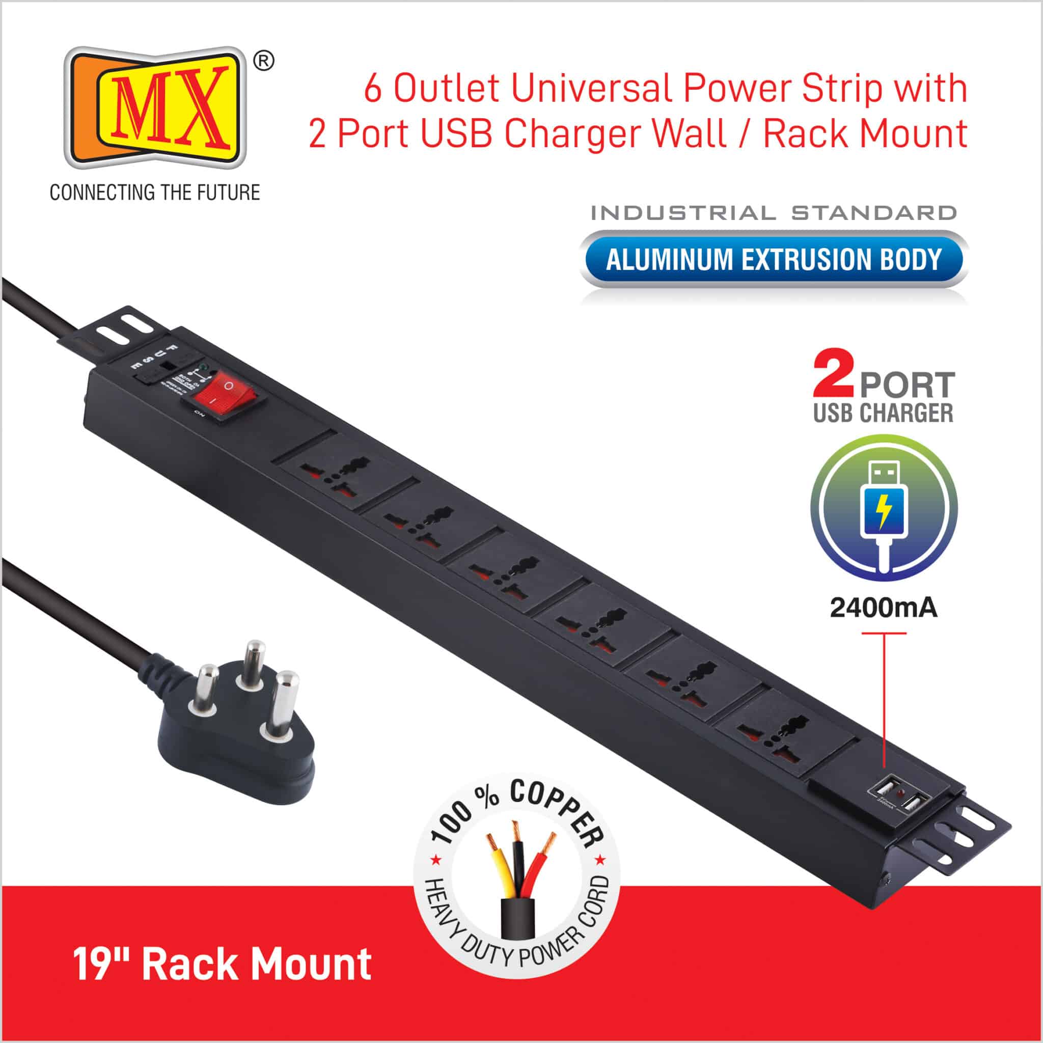 MX 6-Outlet Power Distribution Unit with Universal Socket, 2 USB Ports (2.1A), Master Switch, and Child Safety. Wall or desk mountable with a 1.5m heavy-duty power cord for home appliances like electric cooktop & Stove - Image 4