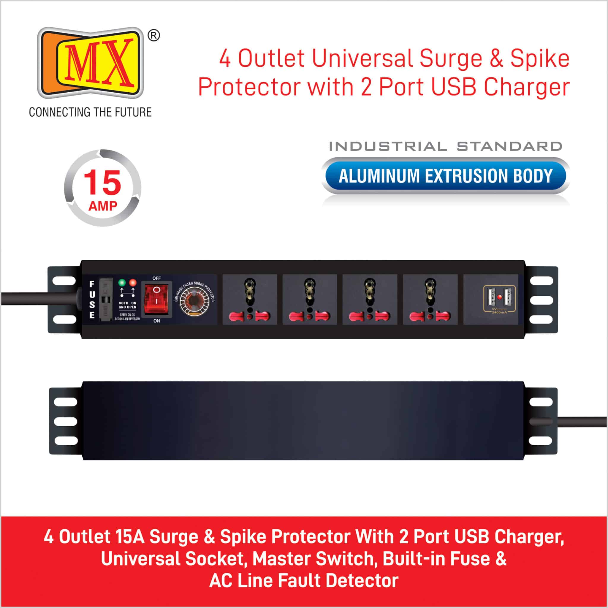MX 4-Outlet Power Distribution Unit with Universal Sockets, 16 Amp Spike Protector, Child Safety Shutter, Switch, and 2-Port USB Charger (2.1A), along with a Spike Suppressor MOV. Comes with a 1.5-meter cable for home appliances like electric cooktop & Stove - Image 5