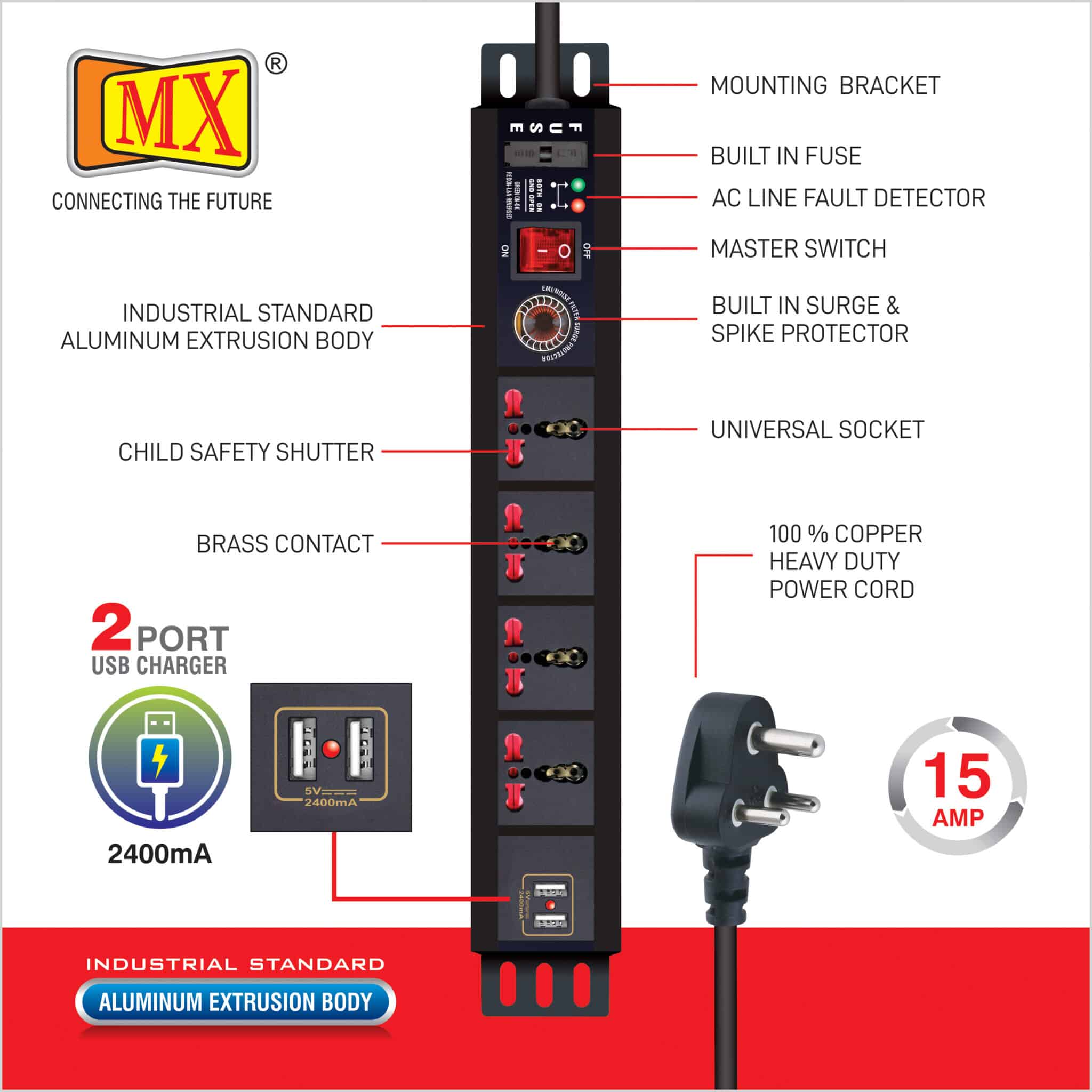 MX 4-Outlet Power Distribution Unit with Universal Sockets, 16 Amp Spike Protector, Child Safety Shutter, Switch, and 2-Port USB Charger (2.1A), along with a Spike Suppressor MOV. Comes with a 1.5-meter cable for home appliances like electric cooktop & Stove - Image 2