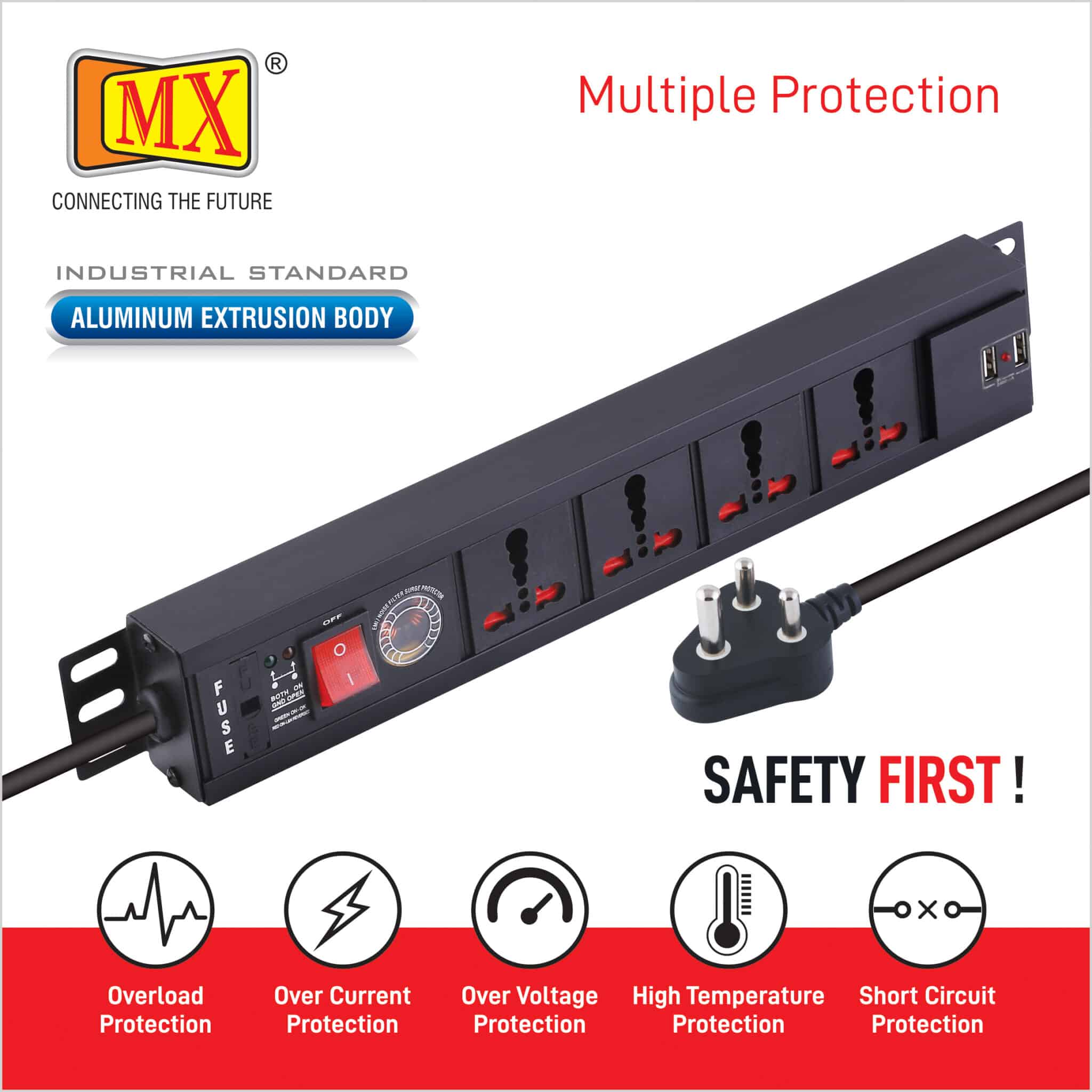 MX 4-Outlet Power Distribution Unit with Universal Sockets, 16 Amp Spike Protector, Child Safety Shutter, Switch, and 2-Port USB Charger (2.1A), along with a Spike Suppressor MOV. Comes with a 1.5-meter cable for home appliances like electric cooktop & Stove - Image 4