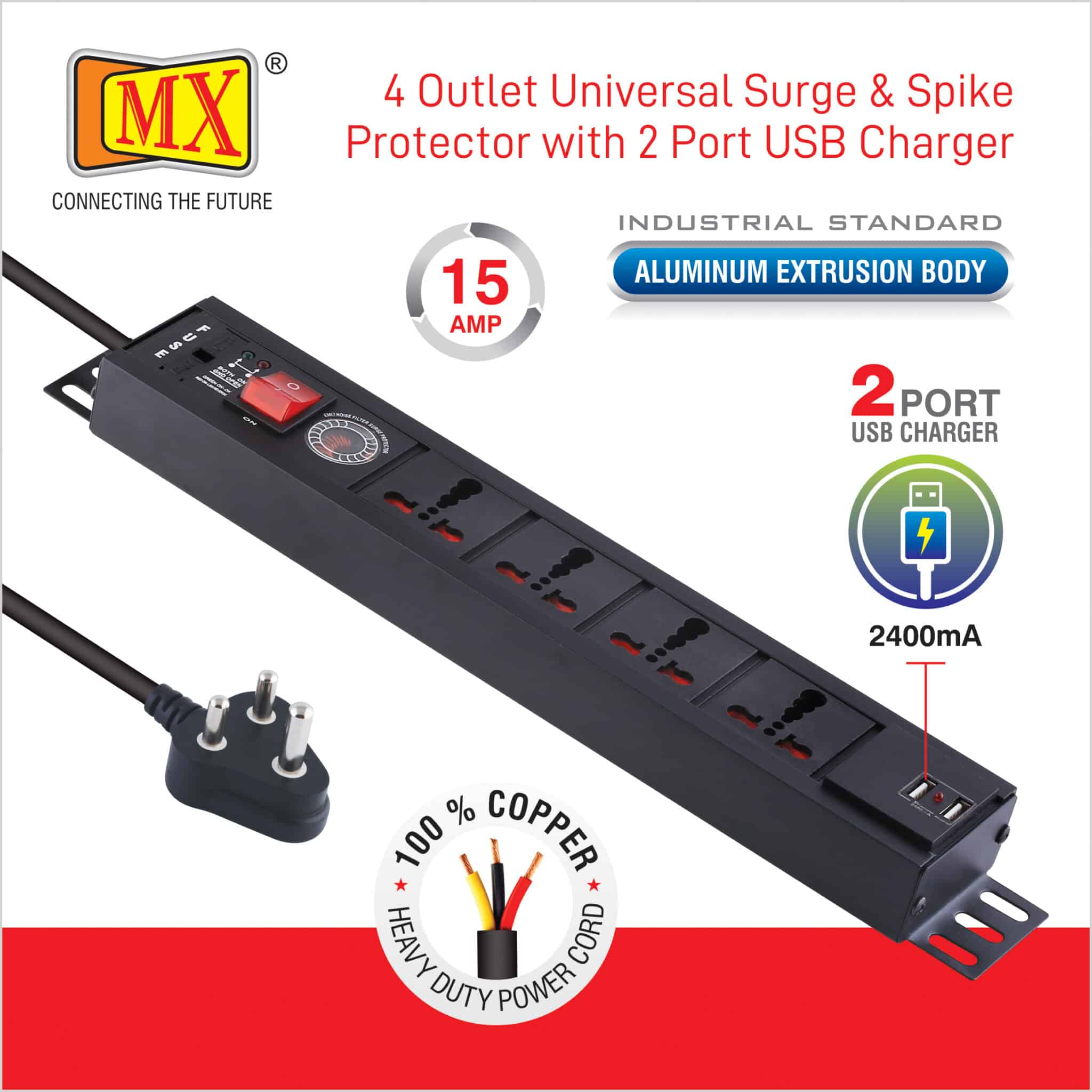 MX 4-Outlet Power Distribution Unit with Universal Sockets, 16 Amp Spike Protector, Child Safety Shutter, Switch, and 2-Port USB Charger (2.1A), along with a Spike Suppressor MOV. Comes with a 1.5-meter cable for home appliances like electric cooktop & Stove - Image 3