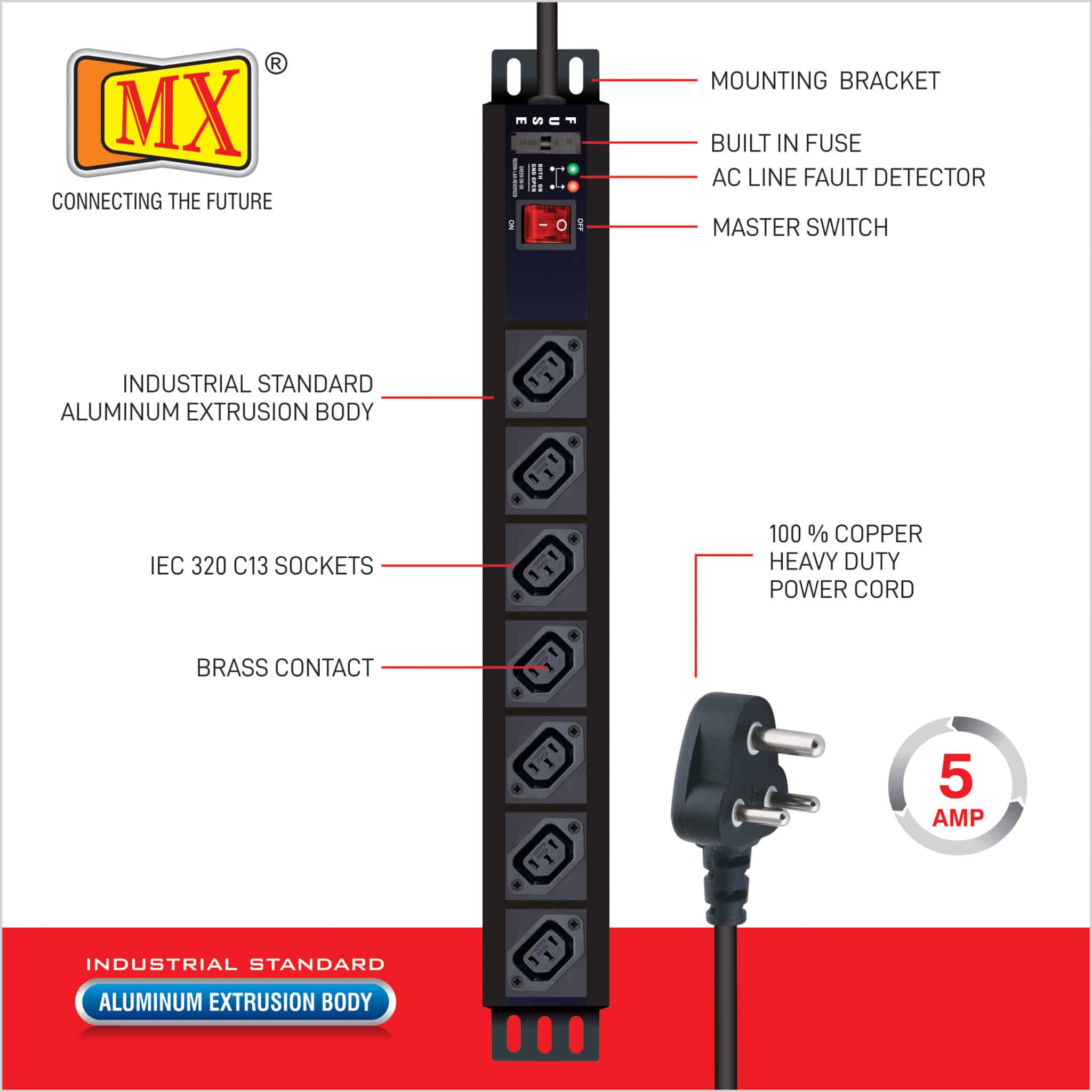 MX 7 Outlet Power Distribution Unit with IEC 320 C13, Master Switch, and Industrial-Standard Aluminum Body. Desk Mount and 19 inches Rack Mountable with a 1.5m heavy-duty cord for home appliances like electric cooktop & Stove - Image 2