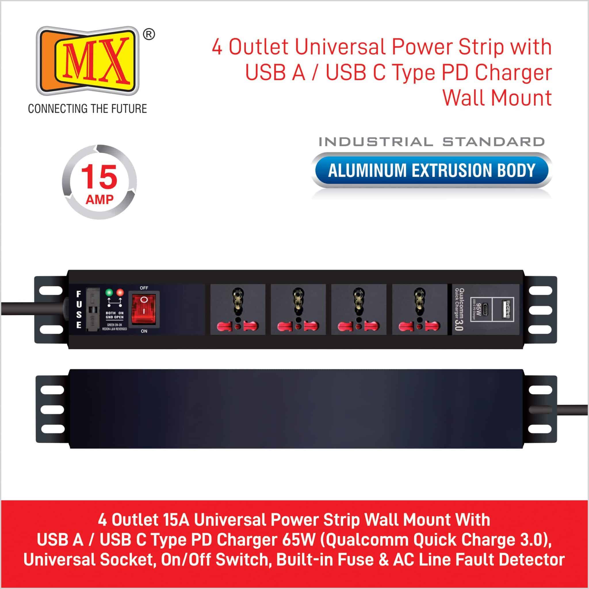 MX 4-Outlet Power Distribution Unit: 15A Universal Socket, USB-C PD 95W + USB-A Port, Fuse, Master Switch, Wall Mount, 1.5m Cord for home appliances like electric cooktop & Stove - Image 2