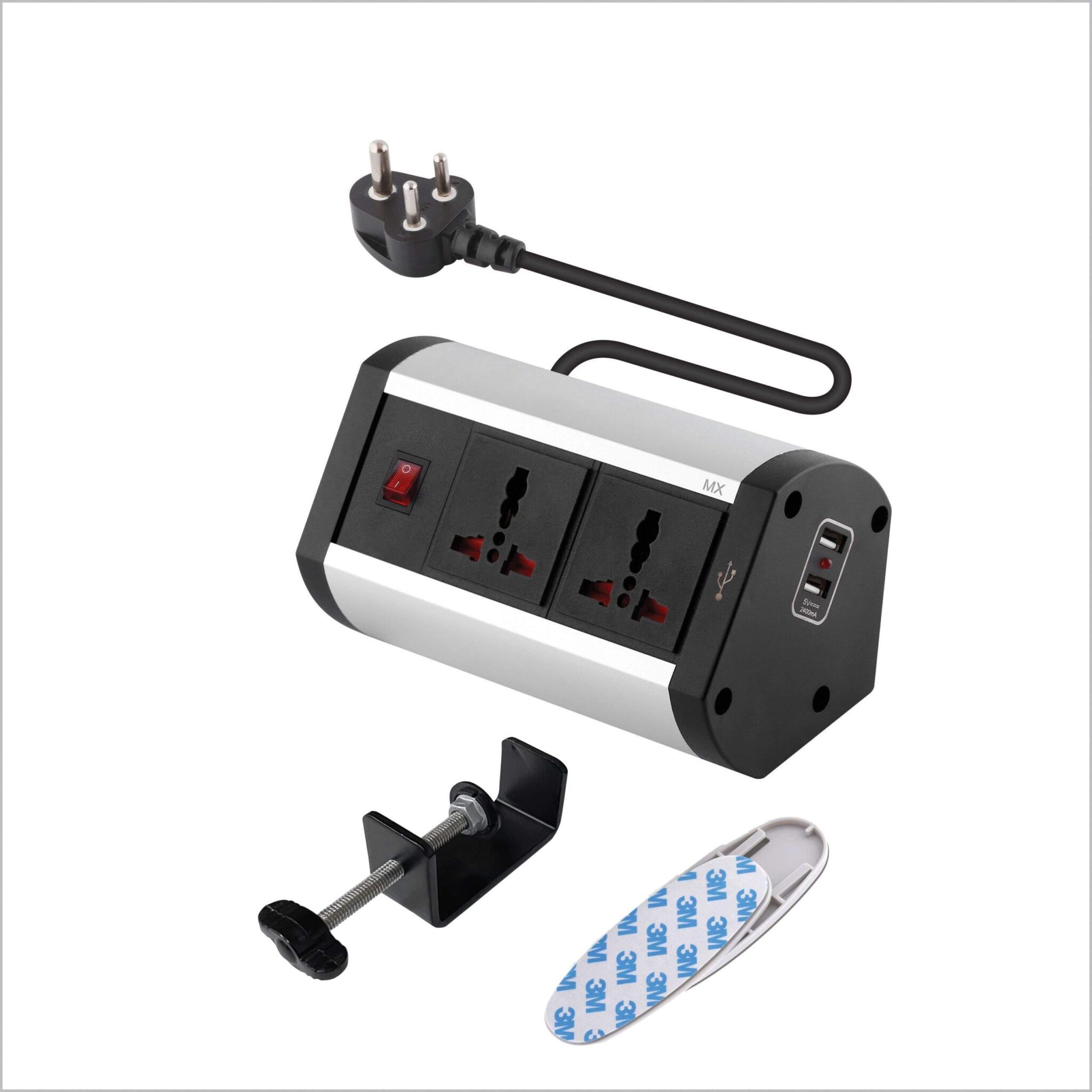 MX Premium Power Console 6/13 Amp 2 Universal Sockets with 2 USB Charging Port Extension Board - with removable Desk Clamp – Power Strip – Master Switch - 1.5m 3 Pin Plug extension Cord (MX-4173_1.5mtr)