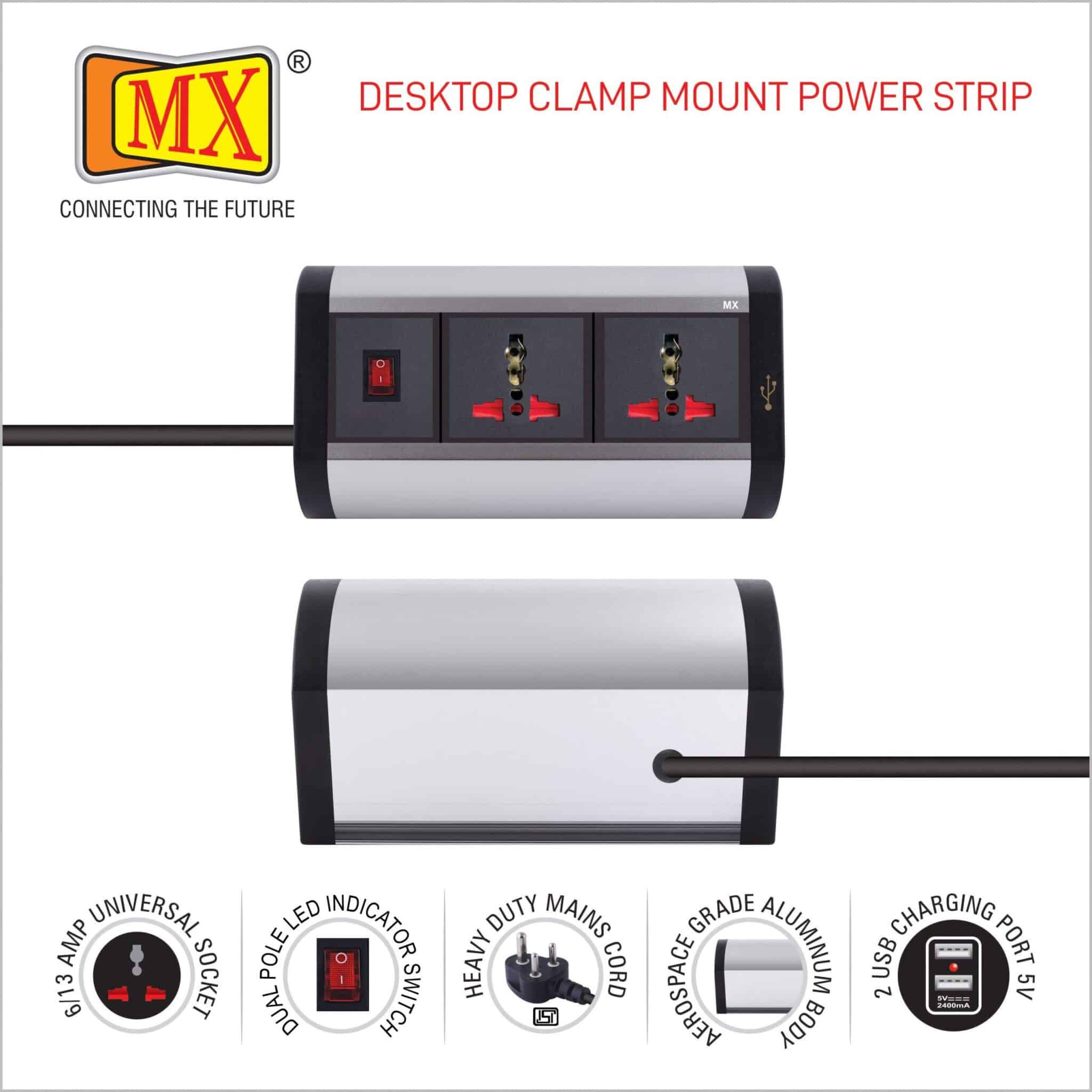 MX Premium Power Console 6/13 Amp 2 Universal Sockets with 2 USB Charging Port Extension Board - with removable Desk Clamp – Power Strip – Master Switch - 1.5m 3 Pin Plug extension Cord (MX-4173_1.5mtr) - Image 3