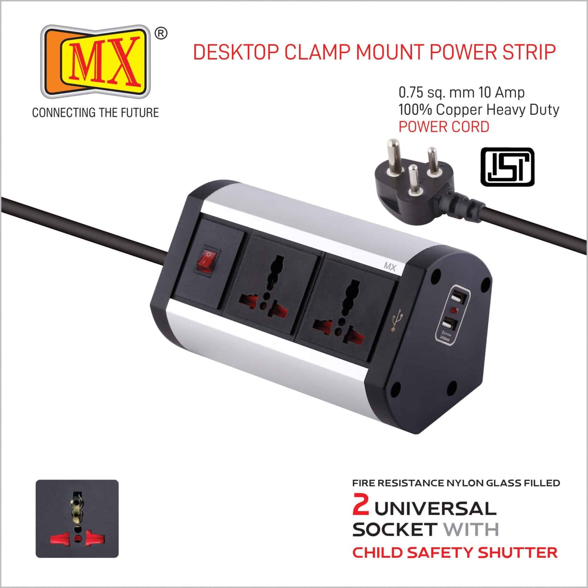 MX Premium Power Console 6/13 Amp 2 Universal Sockets with 2 USB Charging Port Extension Board - with removable Desk Clamp – Power Strip – Master Switch - 1.5m 3 Pin Plug extension Cord (MX-4173_1.5mtr) - Image 4