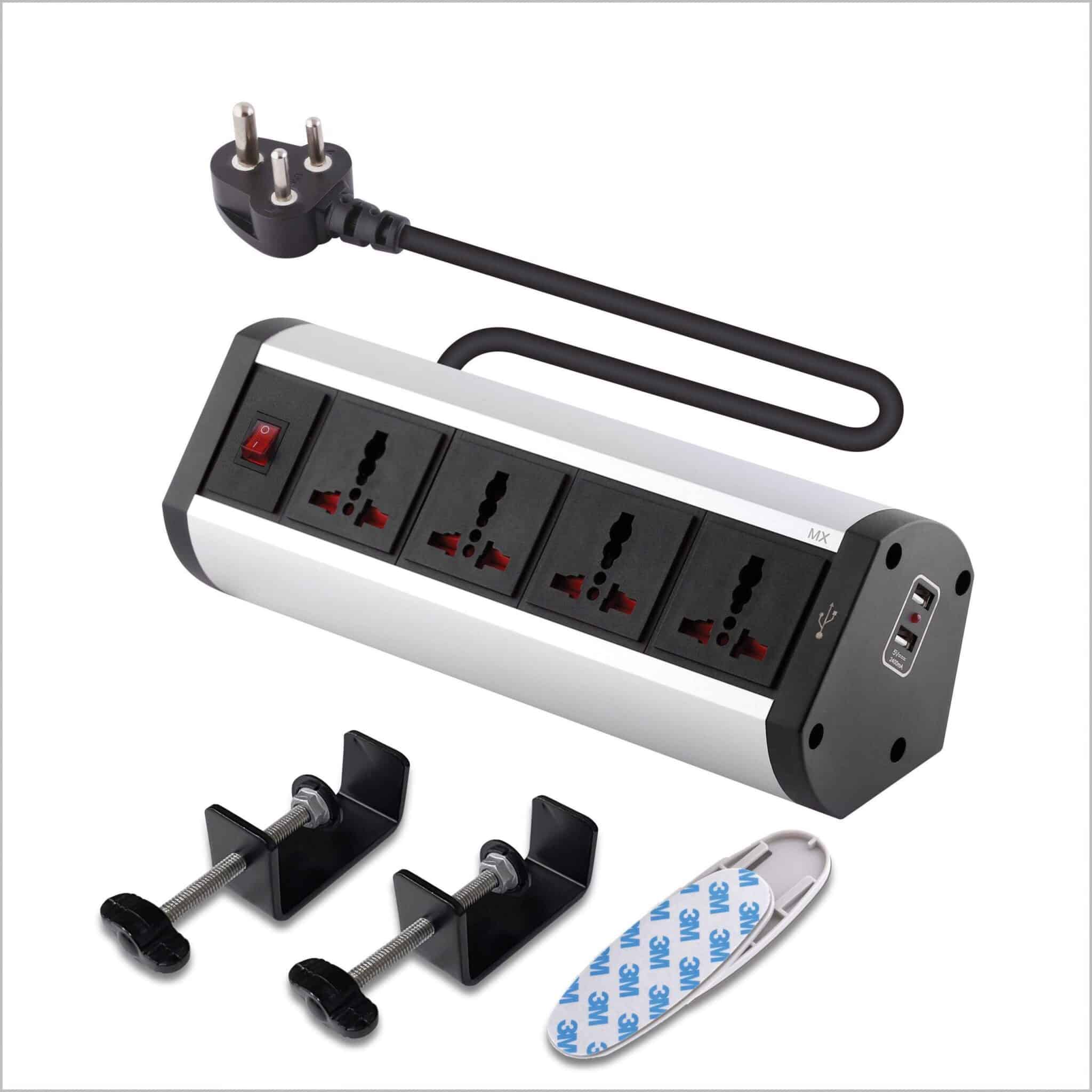 MX Premium Power Console 6 Amp 4 Universal Sockets with 2 USB Charging Port Extension Board - with removable Desk Clamp – Power Strip – Master Switch - 1.5m 3 Pin Plug extension Cord (MX-4175_1.5mtr)