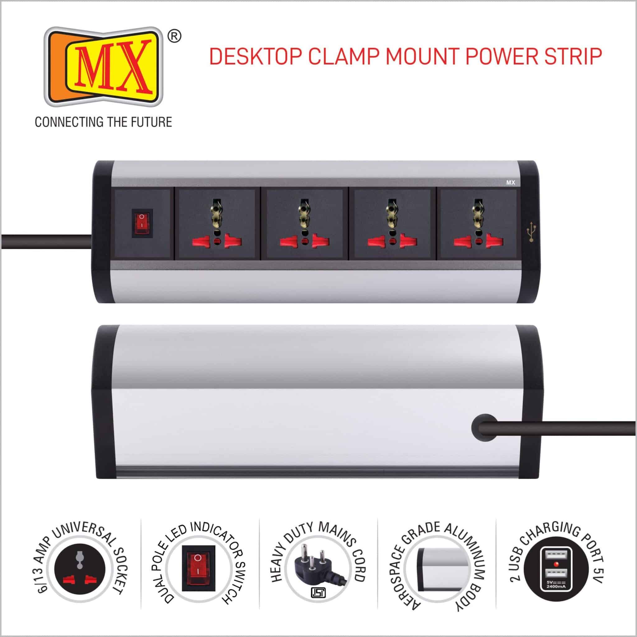 MX Premium Power Console 6 Amp 4 Universal Sockets with 2 USB Charging Port Extension Board - with removable Desk Clamp – Power Strip – Master Switch - 1.5m 3 Pin Plug extension Cord (MX-4175_1.5mtr) - Image 4