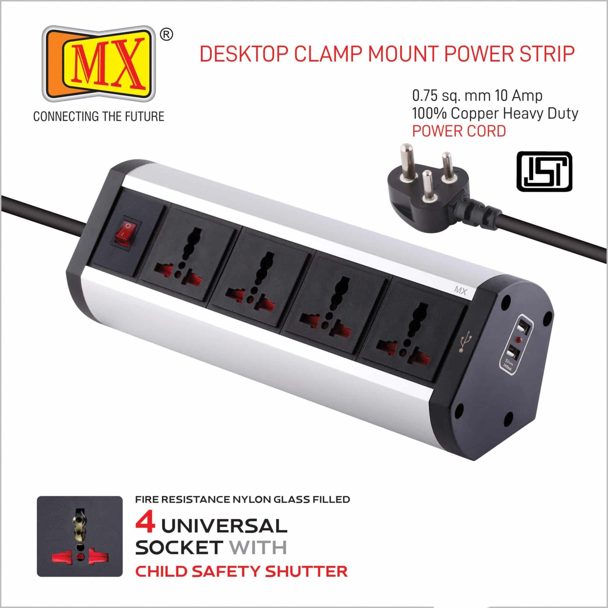 MX Premium Power Console 6 Amp 4 Universal Sockets with 2 USB Charging Port Extension Board - with removable Desk Clamp – Power Strip – Master Switch - 1.5m 3 Pin Plug extension Cord (MX-4175_1.5mtr) - Image 3
