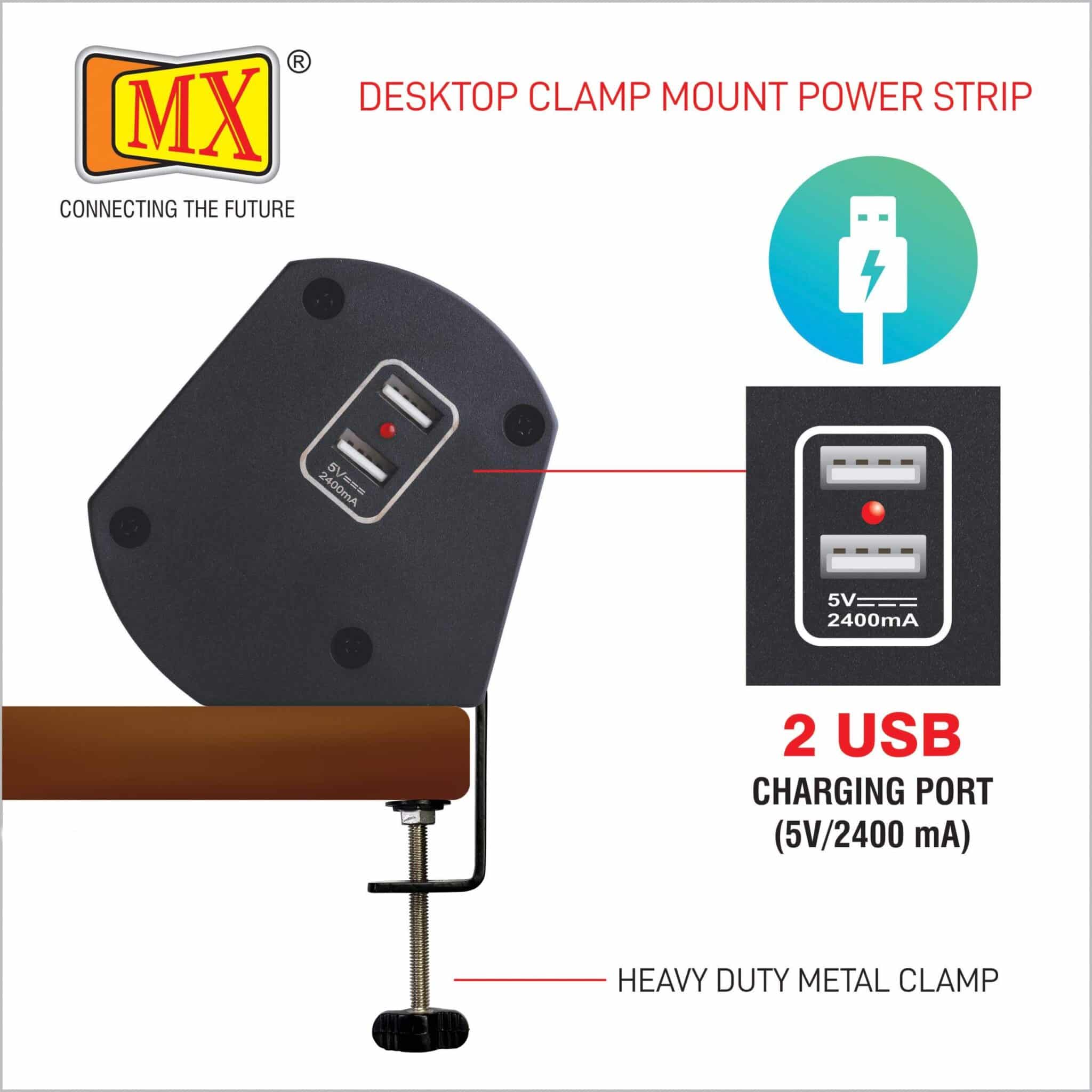 MX Premium Power Console 6 Amp 4 Universal Sockets with 2 USB Charging Port Extension Board - with removable Desk Clamp – Power Strip – Master Switch - 1.5m 3 Pin Plug extension Cord (MX-4175_1.5mtr) - Image 5
