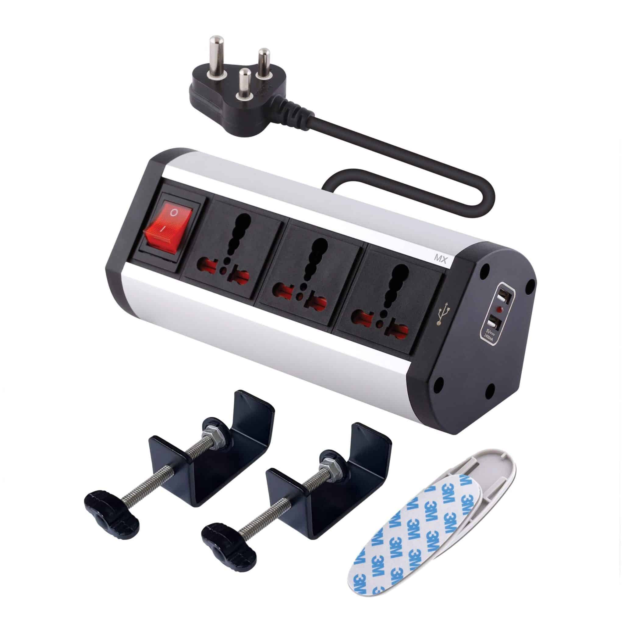 MX Premium Power Console 16 Amp 3 Universal Sockets with 2 USB Charging Port Extension Board - with removable Desk Clamp – Power Strip – Master Switch - 1.5m 3 Pin Plug extension Cord (MX-4178_1.5mtr)