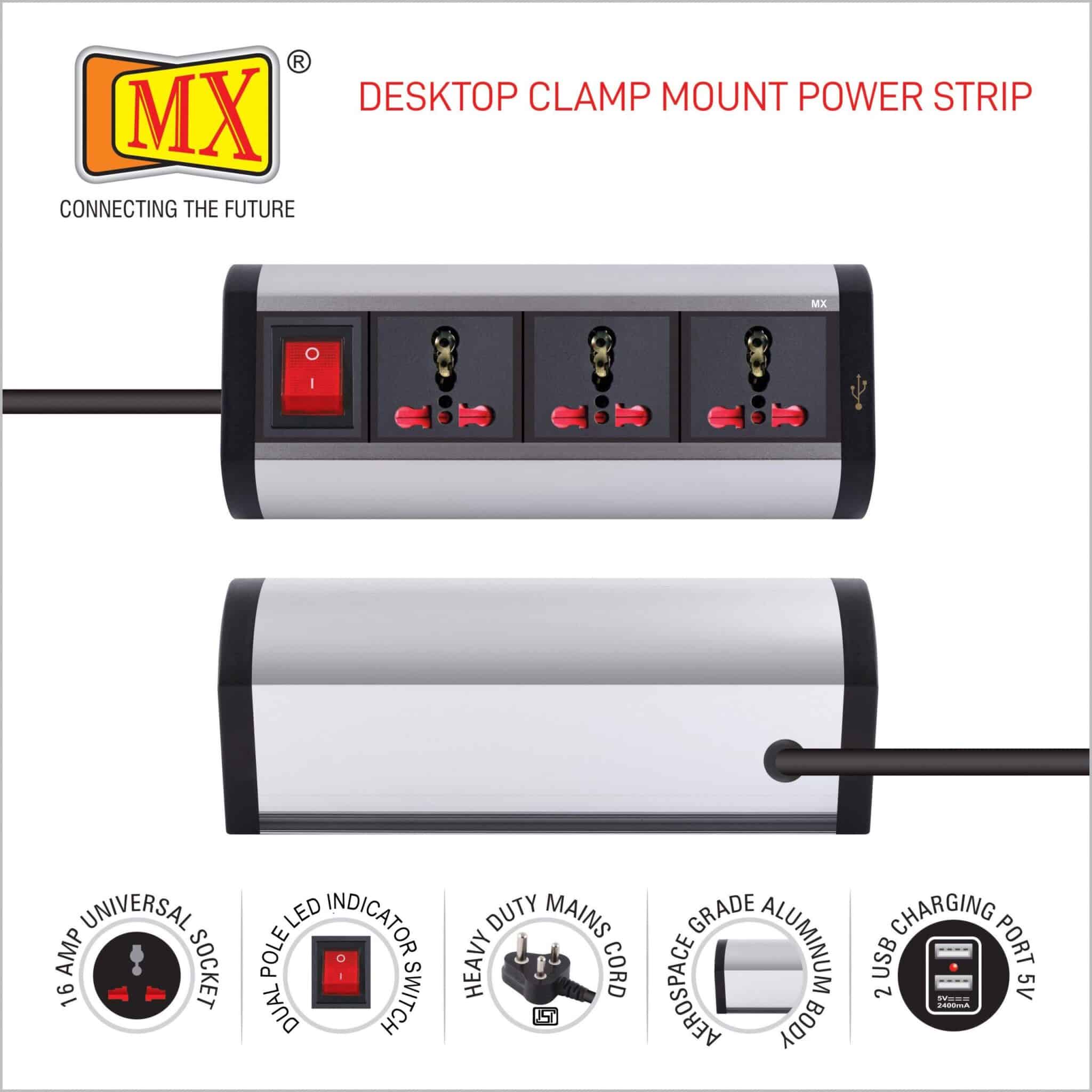 MX Premium Power Console 16 Amp 3 Universal Sockets with 2 USB Charging Port Extension Board - with removable Desk Clamp – Power Strip – Master Switch - 1.5m 3 Pin Plug extension Cord (MX-4178_1.5mtr) - Image 4