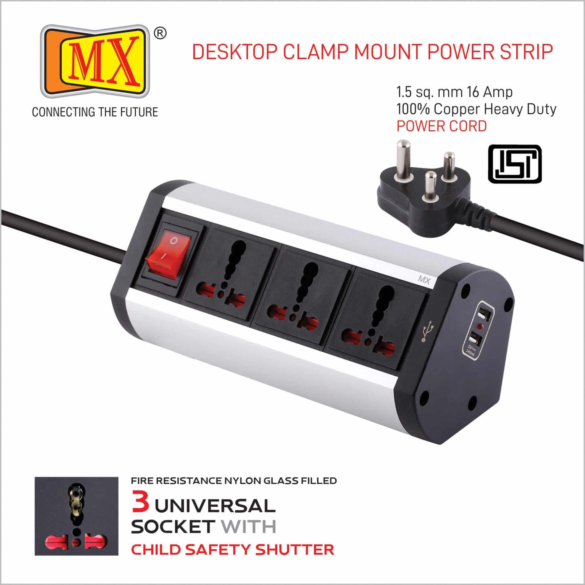 MX Premium Power Console 16 Amp 3 Universal Sockets with 2 USB Charging Port Extension Board - with removable Desk Clamp – Power Strip – Master Switch - 1.5m 3 Pin Plug extension Cord (MX-4178_1.5mtr) - Image 3