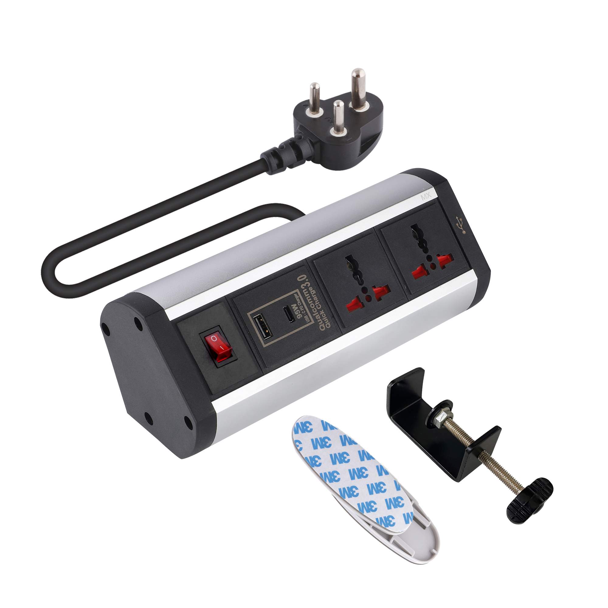 MX Power Console 6 Amp 2 Universal Sockets with 95W PD Charging Port Extension Board - Desk Clamp Mount –Power Strip–Master Switch For Home Office Exhibition School - 3 Pin Power Cord (MX-4185_1.5mtr)