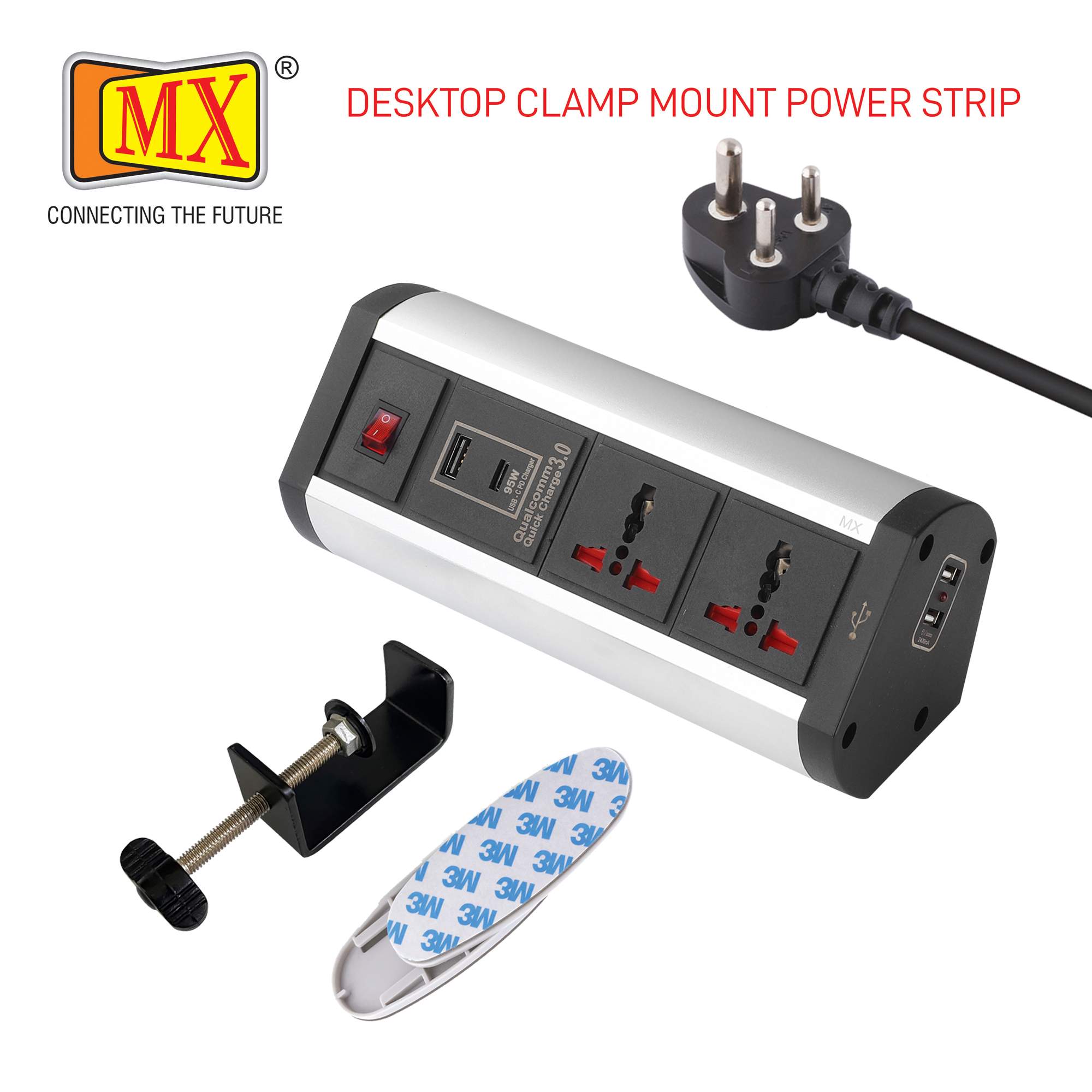 MX Power Console 6 Amp 2 Universal Sockets with 95W PD Charging Port Extension Board - Desk Clamp Mount –Power Strip–Master Switch For Home Office Exhibition School - 3 Pin Power Cord (MX-4185_1.5mtr) - Image 3