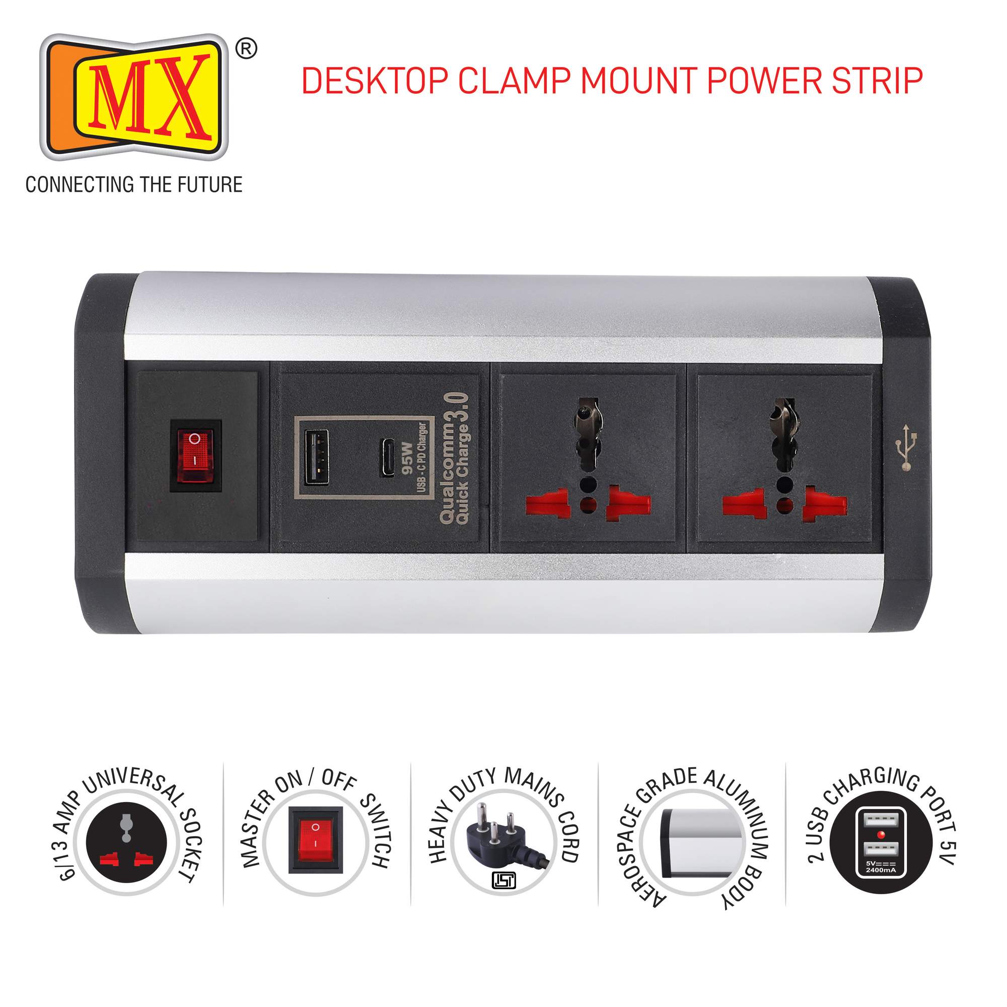 MX Power Console 6 Amp 2 Universal Sockets with 95W PD Charging Port Extension Board - Desk Clamp Mount –Power Strip–Master Switch For Home Office Exhibition School - 3 Pin Power Cord (MX-4185_1.5mtr) - Image 4