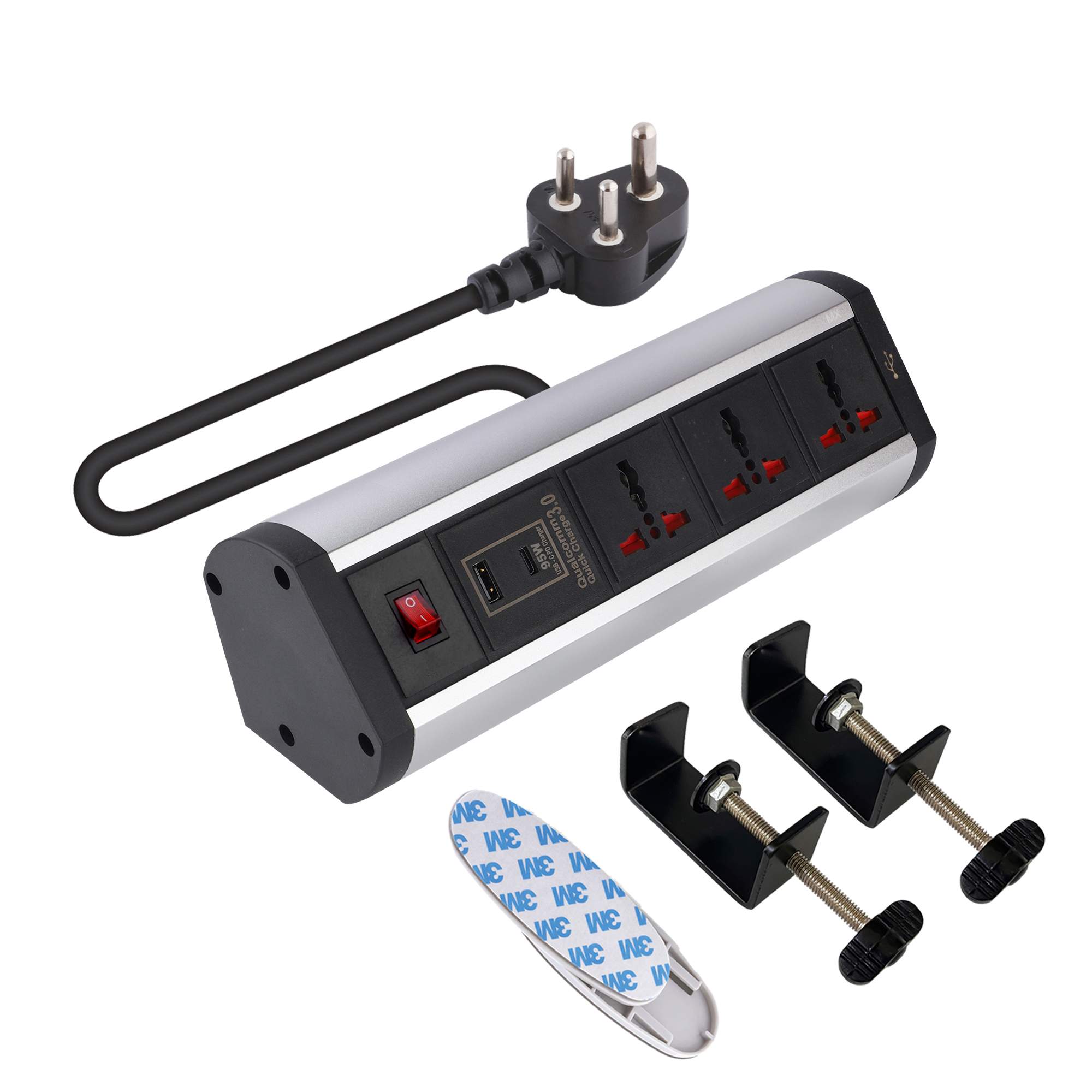 MX Power Console 6 Amp 3 Universal Sockets with 95W PD Charging Port Extension Board - Desk Clamp Mount –Power Strip–Master Switch For Home Office Exhibition School - 3 Pin Power Cord (MX-4186_1.5mtr)