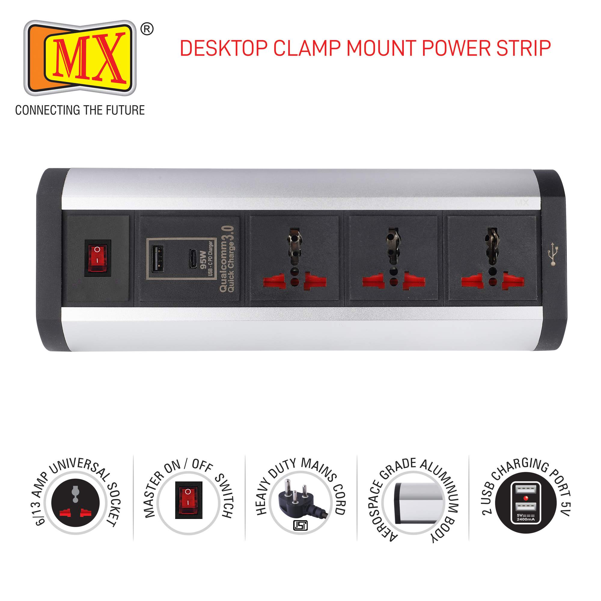 MX Power Console 6 Amp 3 Universal Sockets with 95W PD Charging Port Extension Board - Desk Clamp Mount –Power Strip–Master Switch For Home Office Exhibition School - 3 Pin Power Cord (MX-4186_1.5mtr) - Image 4
