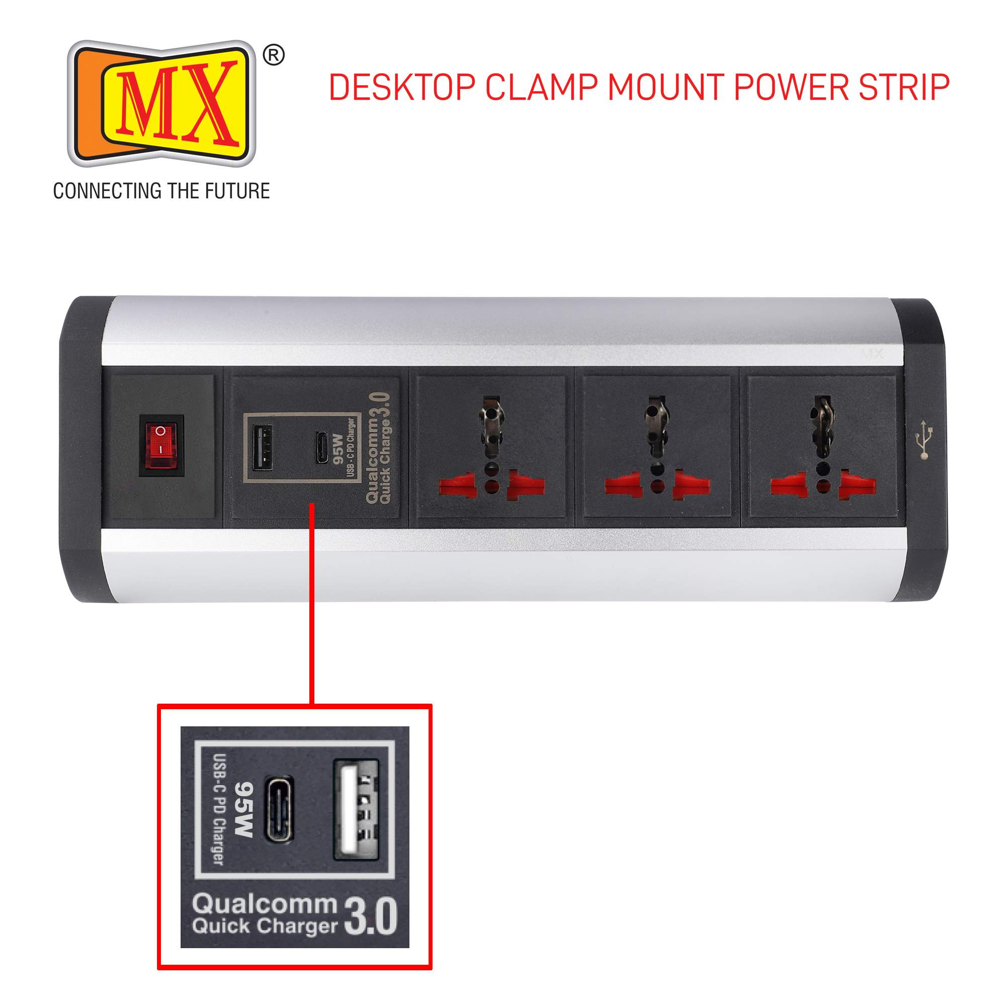 MX Power Console 6 Amp 3 Universal Sockets with 95W PD Charging Port Extension Board - Desk Clamp Mount –Power Strip–Master Switch For Home Office Exhibition School - 3 Pin Power Cord (MX-4186_1.5mtr) - Image 5