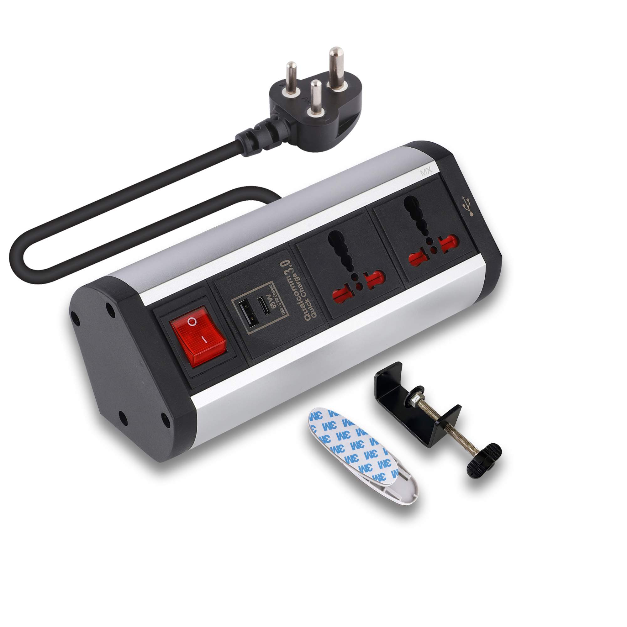 MX Premium Power Console 16 Amp 2 Universal Sockets with 65W PD Charging Port Extension Board - with removable Desk Clamp – Power Strip – Master Switch - 1.5m 3 Pin Plug extension Cord (MX-4189_1.5mtr)