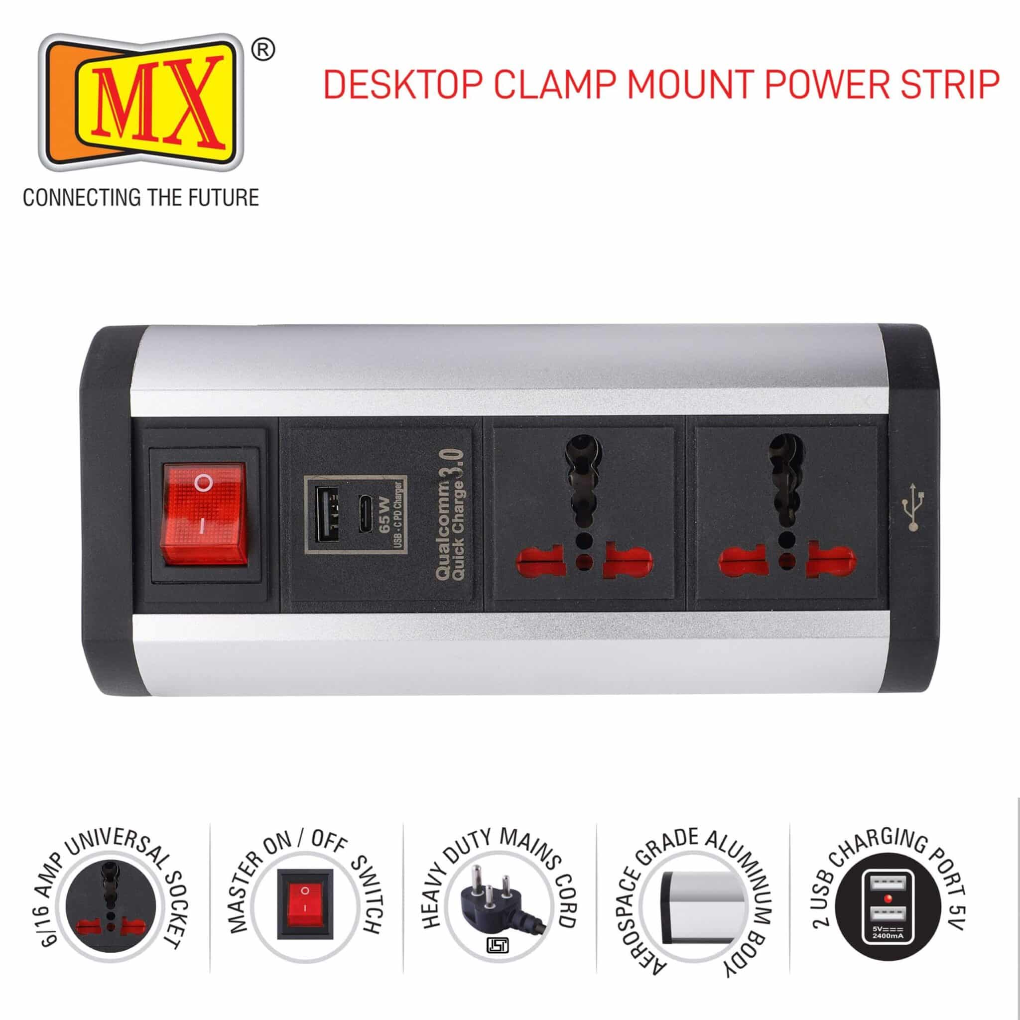 MX Premium Power Console 16 Amp 2 Universal Sockets with 65W PD Charging Port Extension Board - with removable Desk Clamp – Power Strip – Master Switch - 1.5m 3 Pin Plug extension Cord (MX-4189_1.5mtr) - Image 5