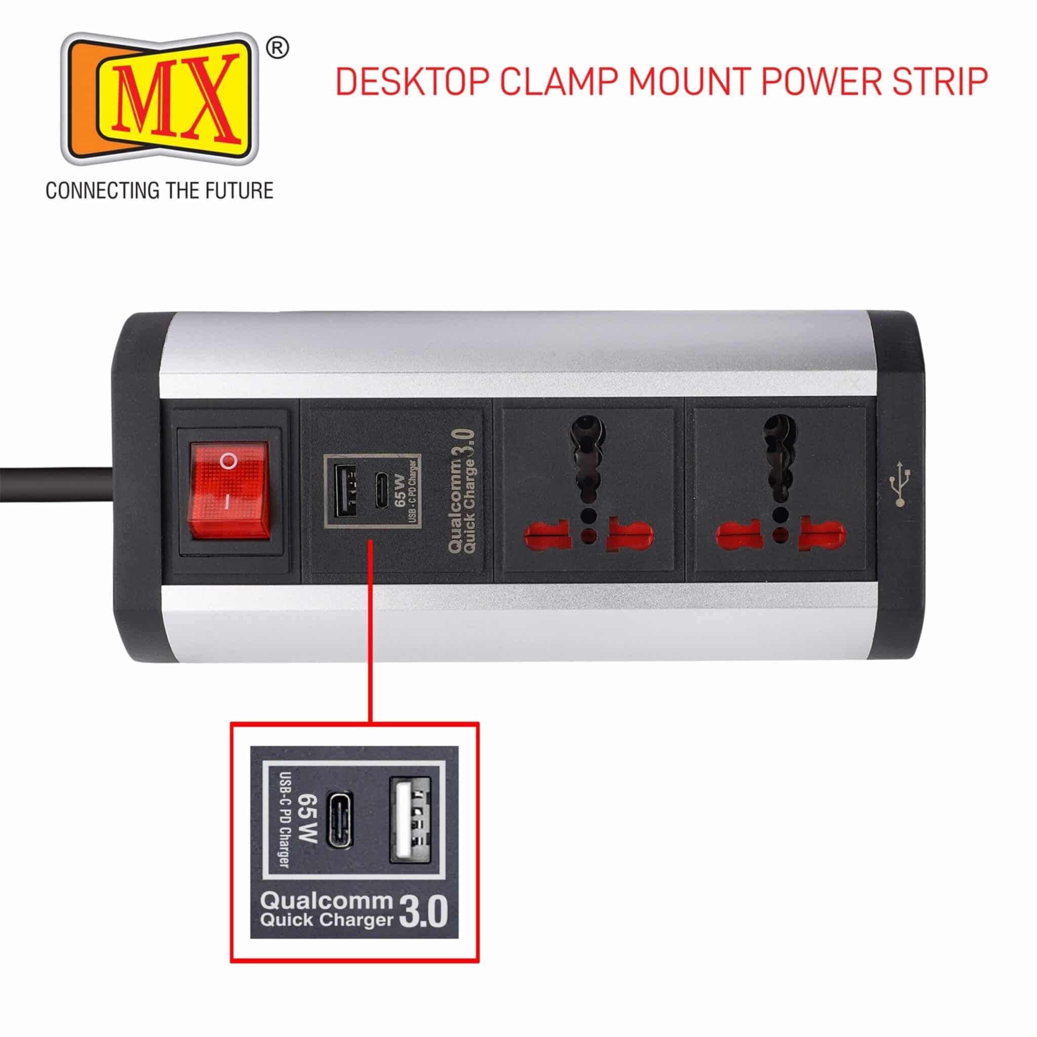MX Premium Power Console 16 Amp 2 Universal Sockets with 65W PD Charging Port Extension Board - with removable Desk Clamp – Power Strip – Master Switch - 1.5m 3 Pin Plug extension Cord (MX-4189_1.5mtr) - Image 4