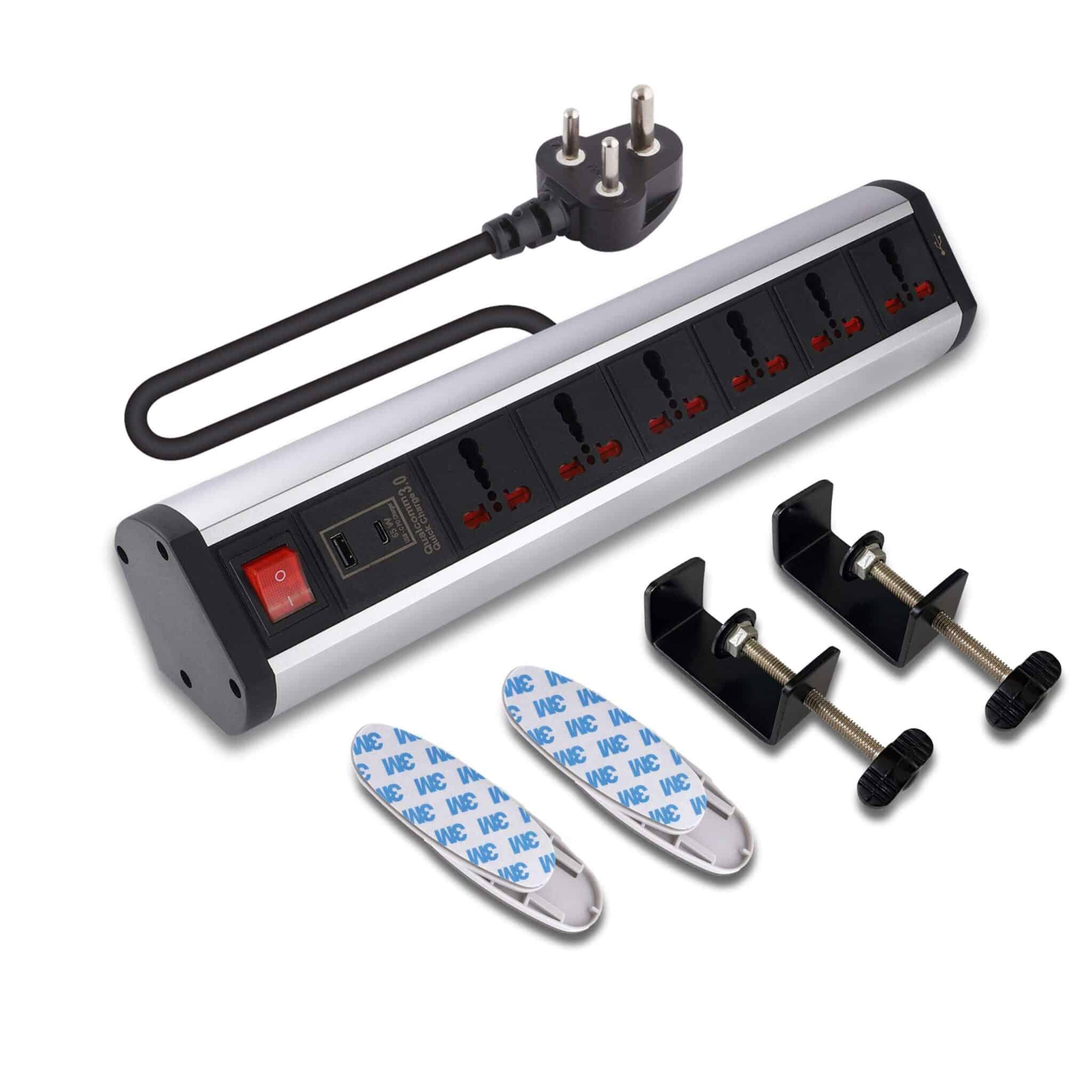 MX Power Console 16 Amp 6 Universal Sockets with 95W PD Charging Port Extension Board - Desk Clamp Mount –Power Strip–Master Switch For Home Office Exhibition School - 3 Pin Power Cord (MX-4196_1.5mtr)