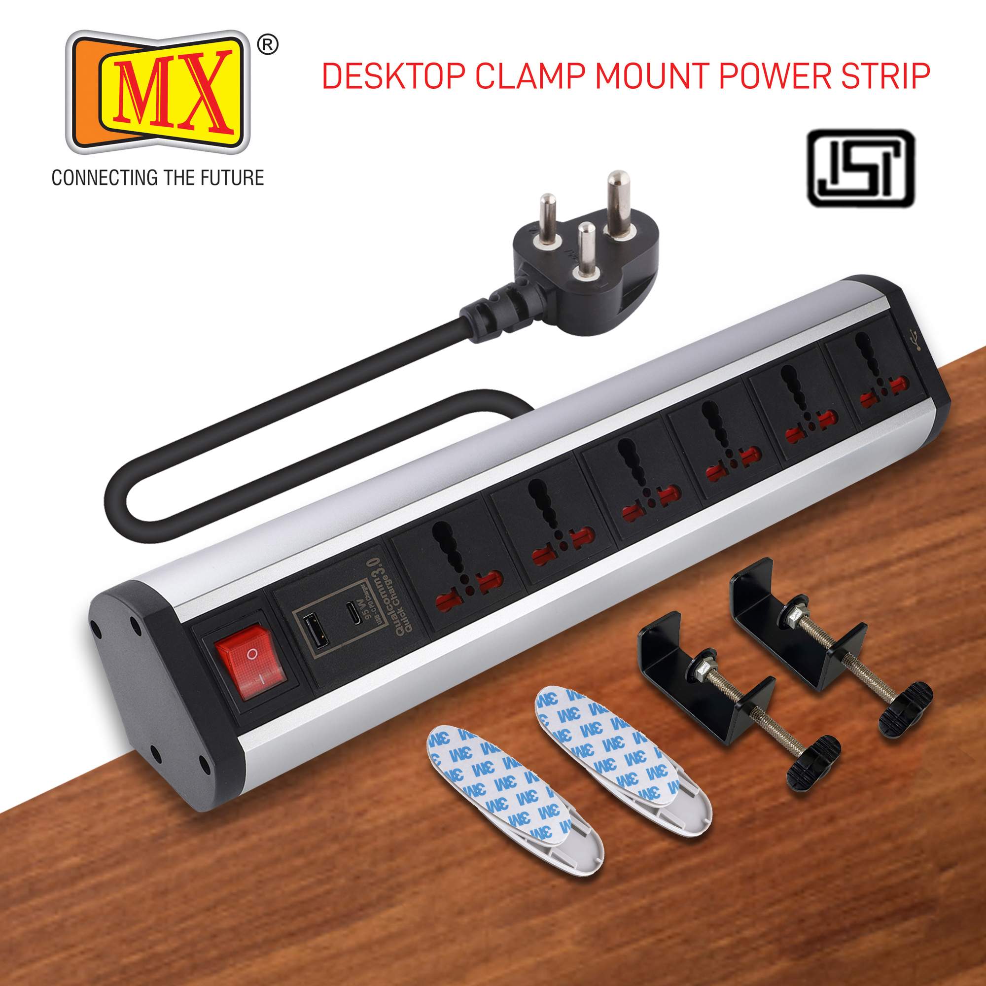 MX Power Console 16 Amp 6 Universal Sockets with 95W PD Charging Port Extension Board - Desk Clamp Mount –Power Strip–Master Switch For Home Office Exhibition School - 3 Pin Power Cord (MX-4196_1.5mtr) - Image 3