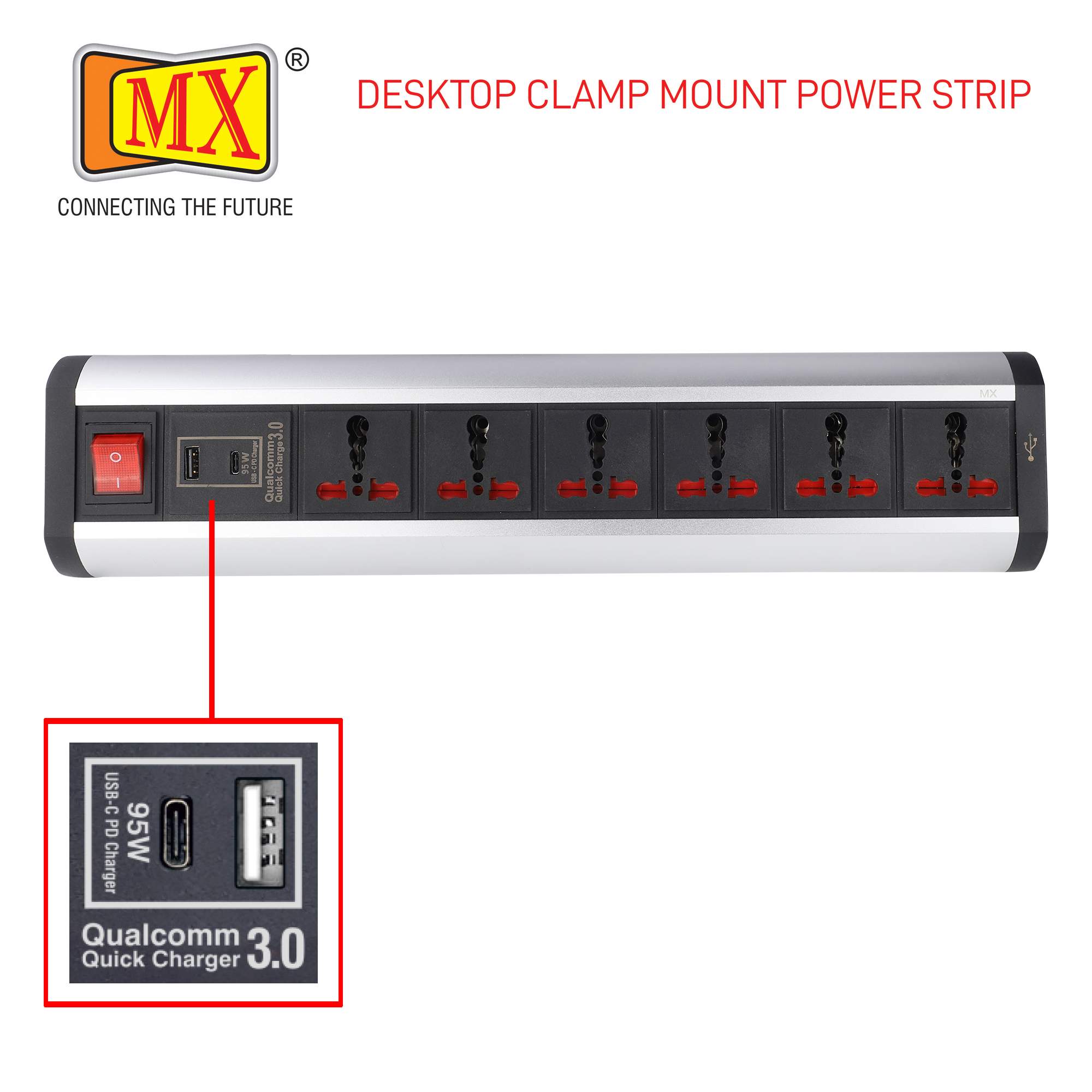 MX Power Console 16 Amp 6 Universal Sockets with 95W PD Charging Port Extension Board - Desk Clamp Mount –Power Strip–Master Switch For Home Office Exhibition School - 3 Pin Power Cord (MX-4196_1.5mtr) - Image 5