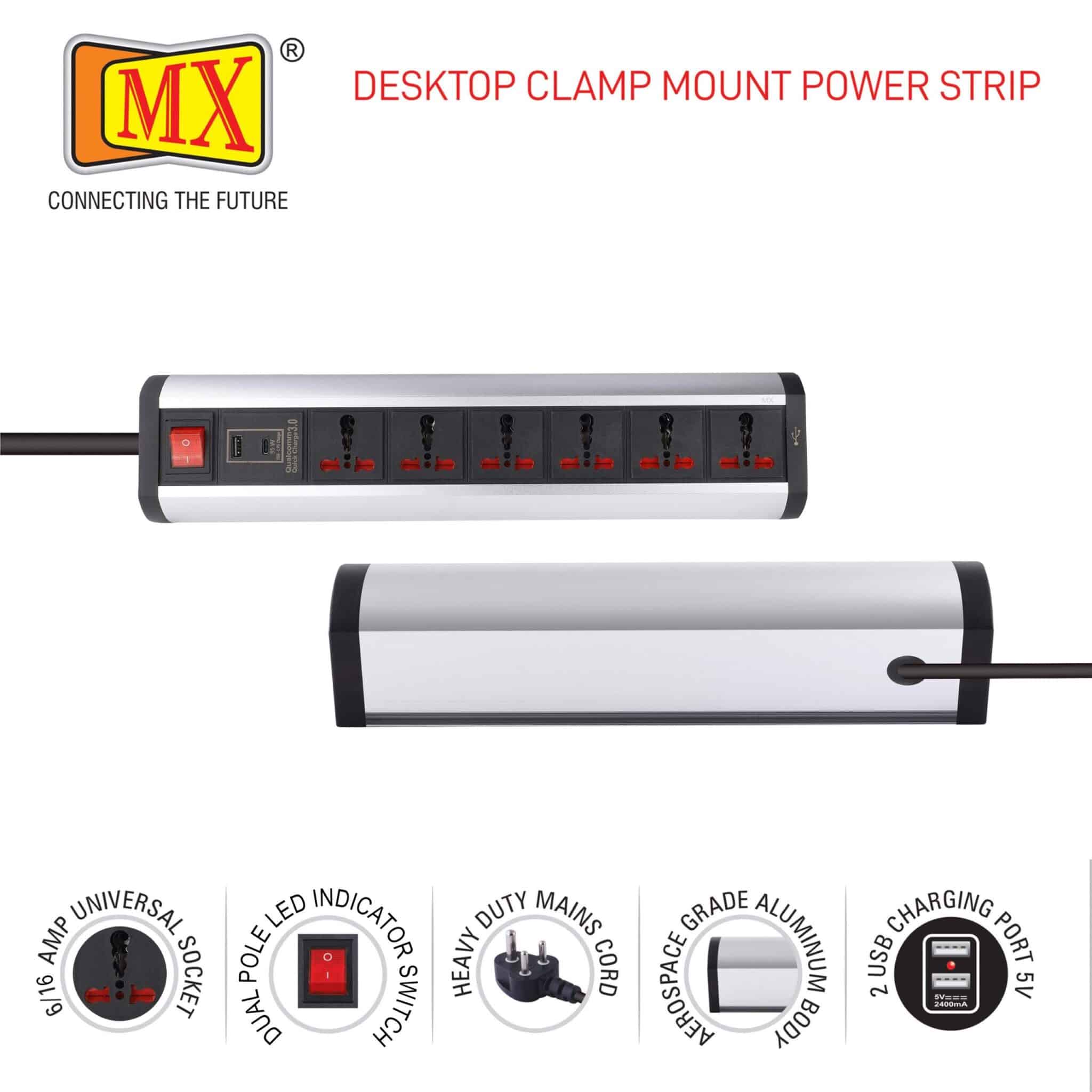 MX Power Console 16 Amp 6 Universal Sockets with 95W PD Charging Port Extension Board - Desk Clamp Mount –Power Strip–Master Switch For Home Office Exhibition School - 3 Pin Power Cord (MX-4196_1.5mtr) - Image 4