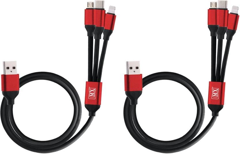 MX USB-A Male to Micro USB, USB Type C, and 8-Pin Lightning Male 3-in-1 Cord with Metal Shell - 1 Meter (Pack of 2).