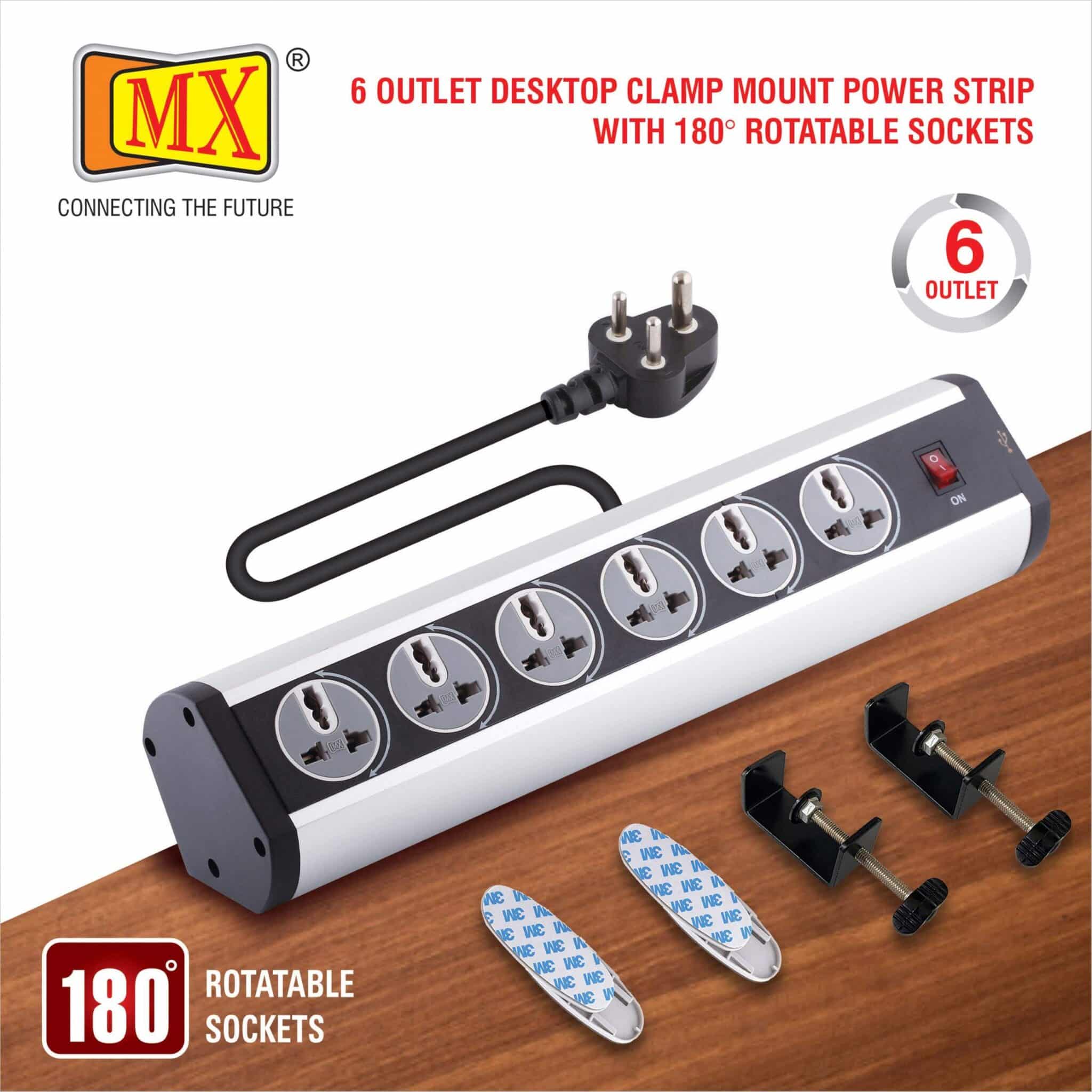 MX Premium Power Console 6 Amp 6 Universal 180⁰ Rotatable Sockets with 2 USB Charging Port Extension Board - with removable Desk Clamp – Master Switch - 1.5m 3 Pin Plug extension Cord (MX-4200_1.5mtr) - Image 2