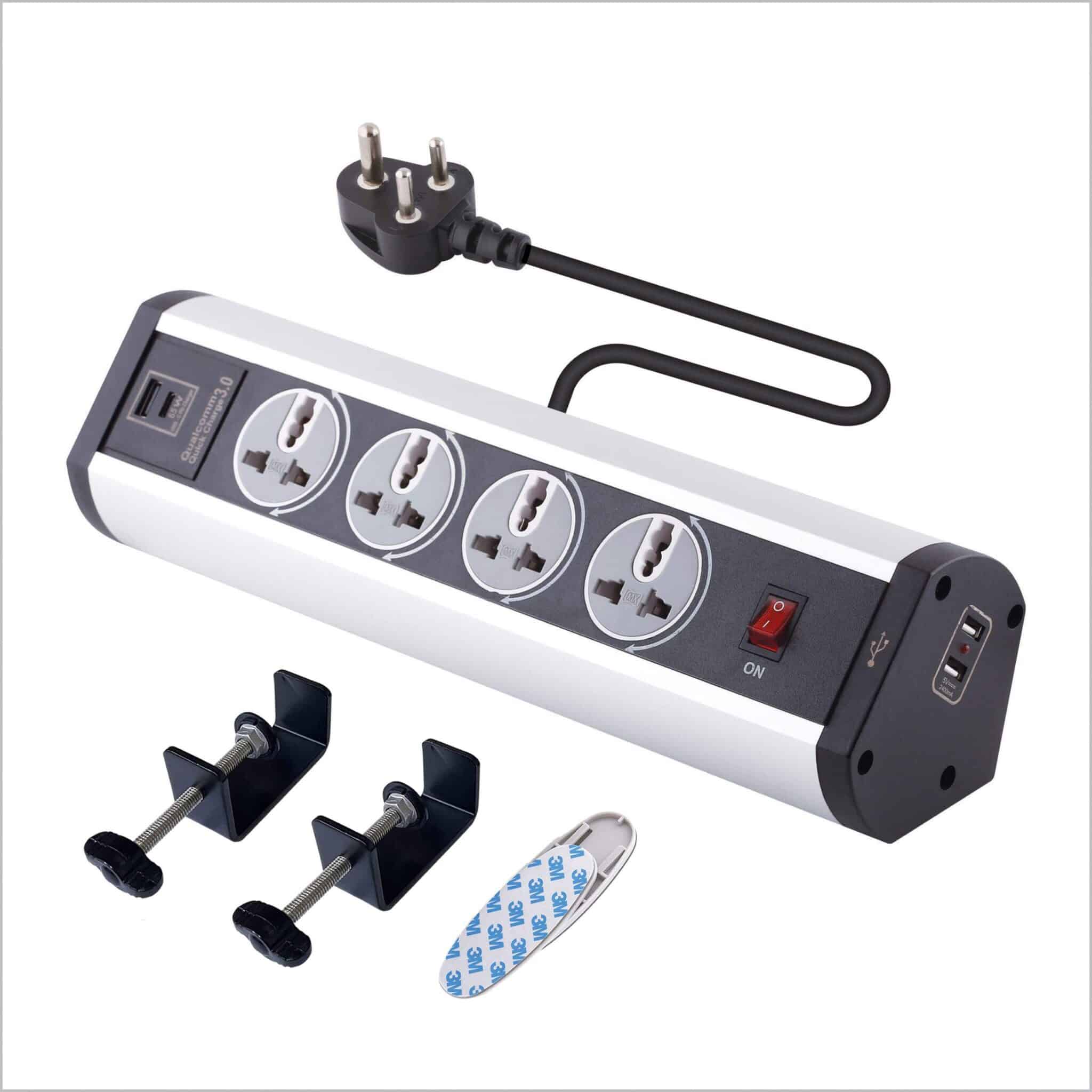 MX Premium Power Console 6 Amp 4 Universal 180⁰ Rotatable Sockets with 65W PD Charging Port Extension Board with removable Desk Clamp – Master Switch - 1.5m 3 Pin Plug extension Cord 1.5mtr