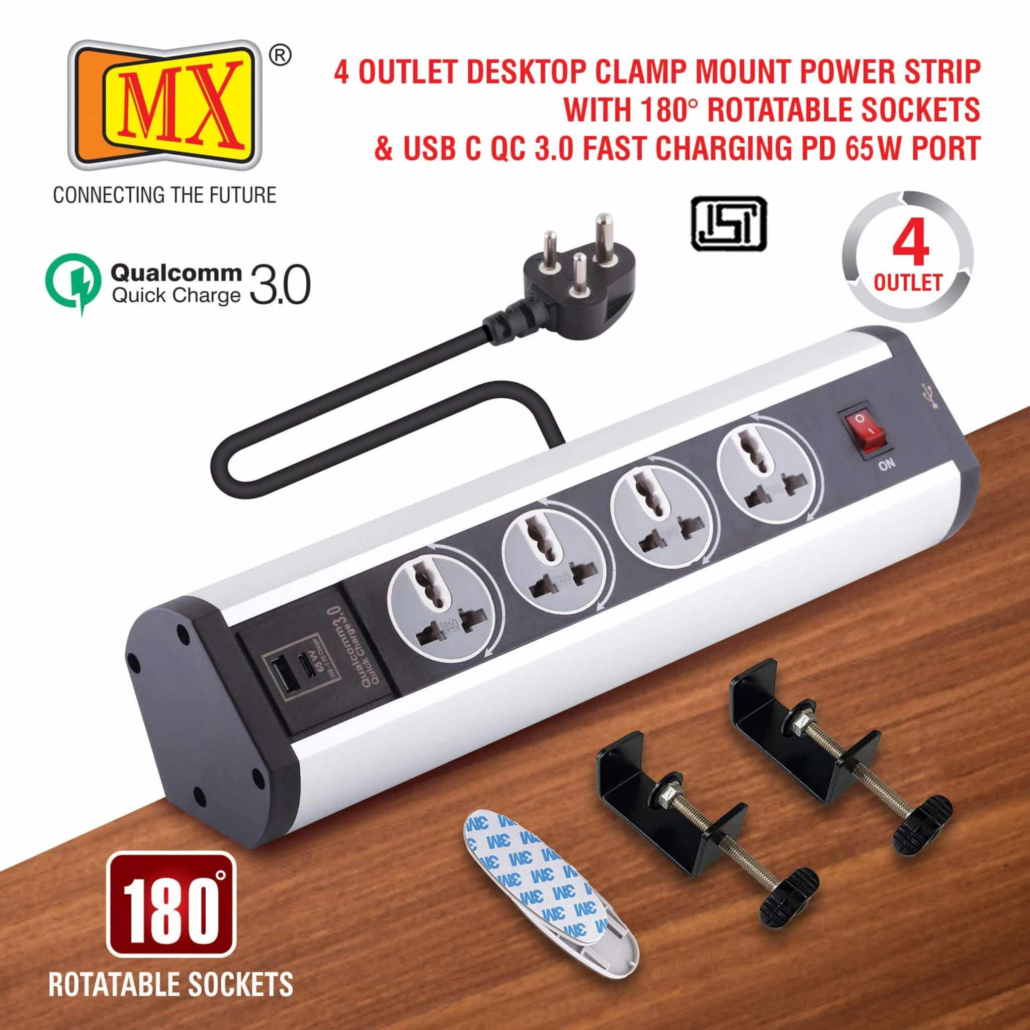 MX Premium Power Console 6 Amp 4 Universal 180⁰ Rotatable Sockets with 65W PD Charging Port Extension Board with removable Desk Clamp – Master Switch - 1.5m 3 Pin Plug extension Cord 1.5mtr - Image 2